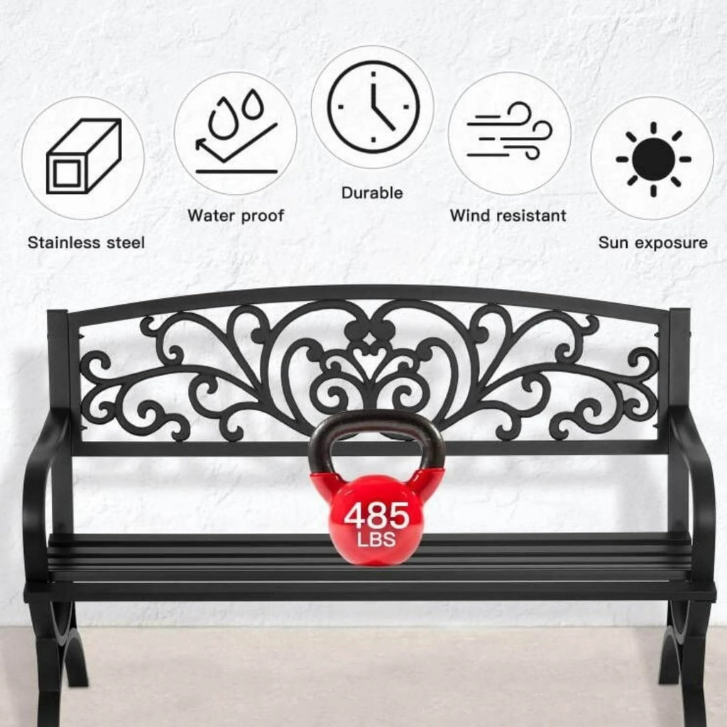 50-in Black Metal Garden Bench with Armrests H963