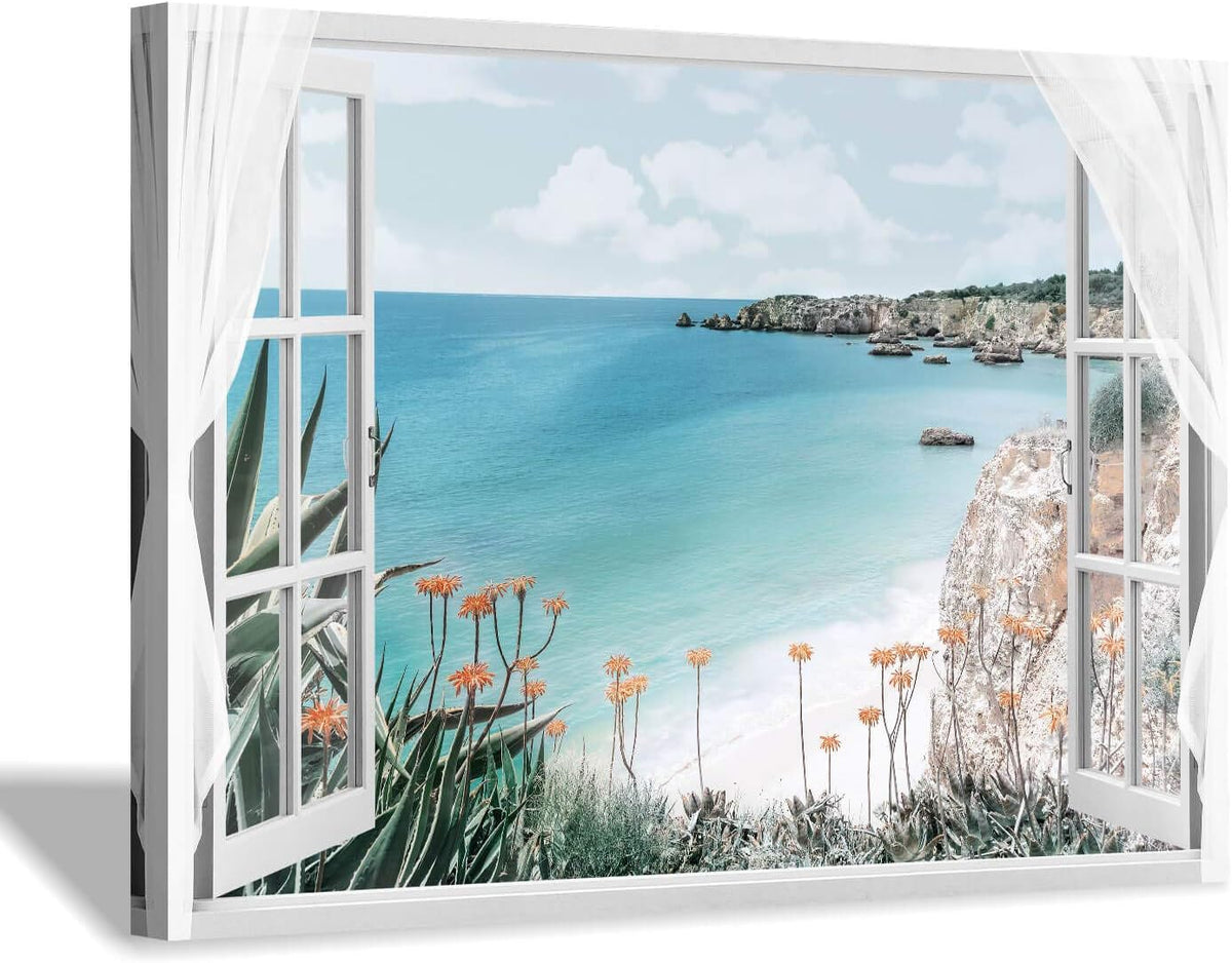 Blue Ocean Beach Window Canvas Art 36'' x 24'' C621