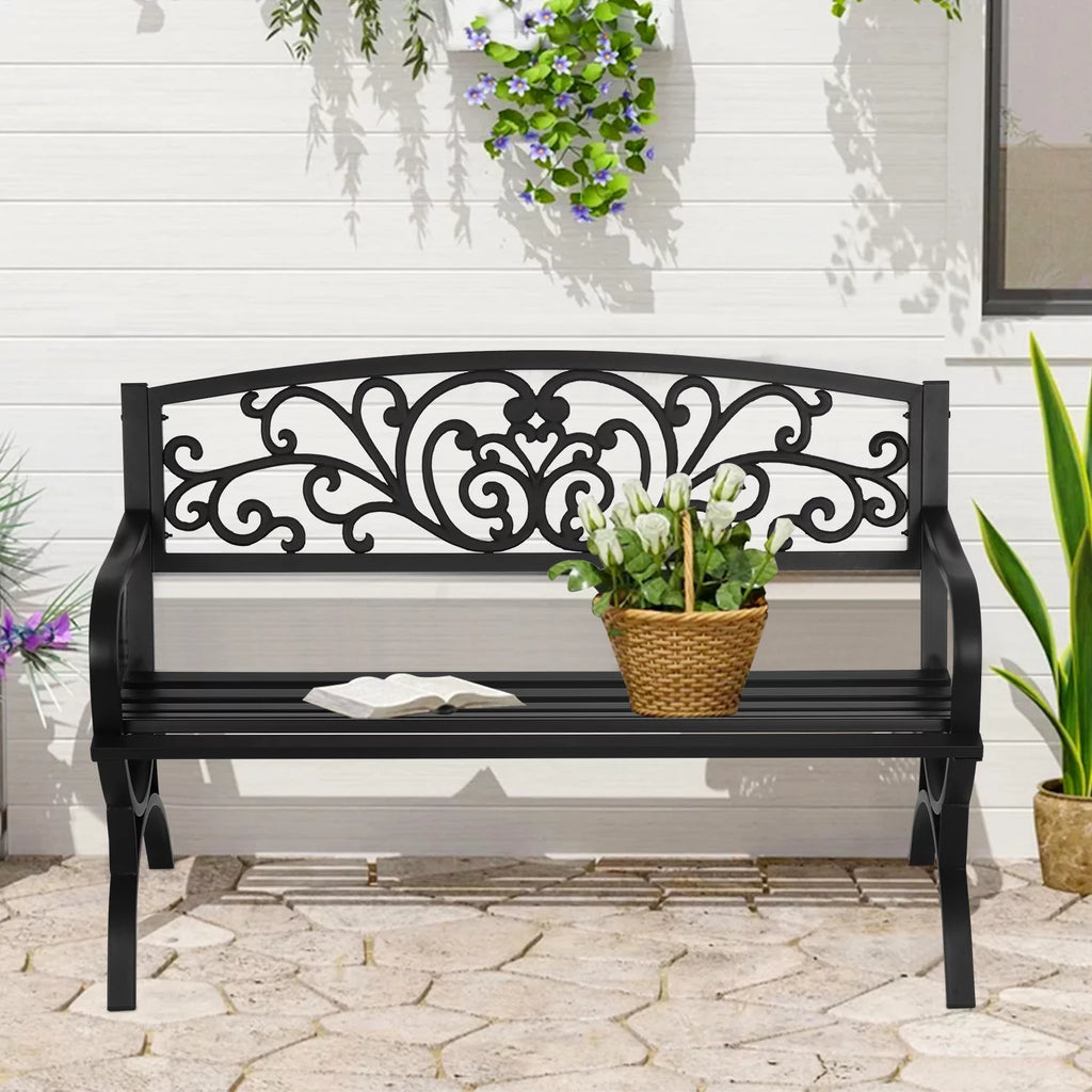 50-in Black Metal Garden Bench with Armrests H963