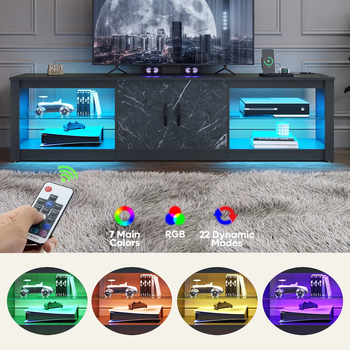 Black Marble TV Stand with LED Lights & Power Outlet T6394