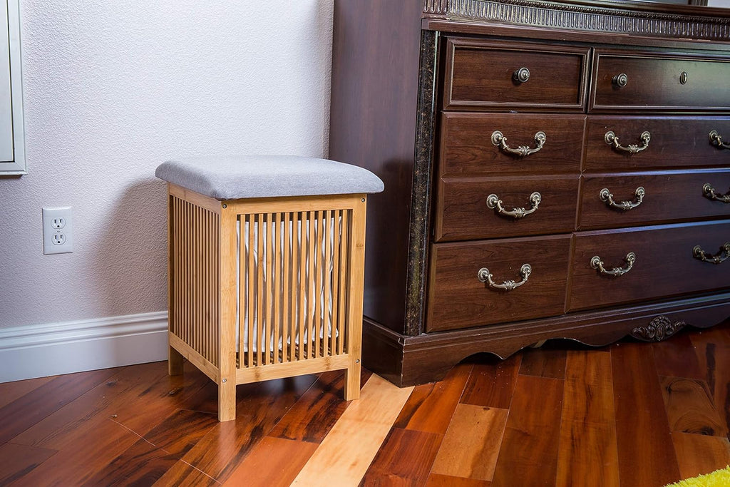 Bamboo Laundry Storage Basket Ottoman 21 Inch Tall Brown and White H478