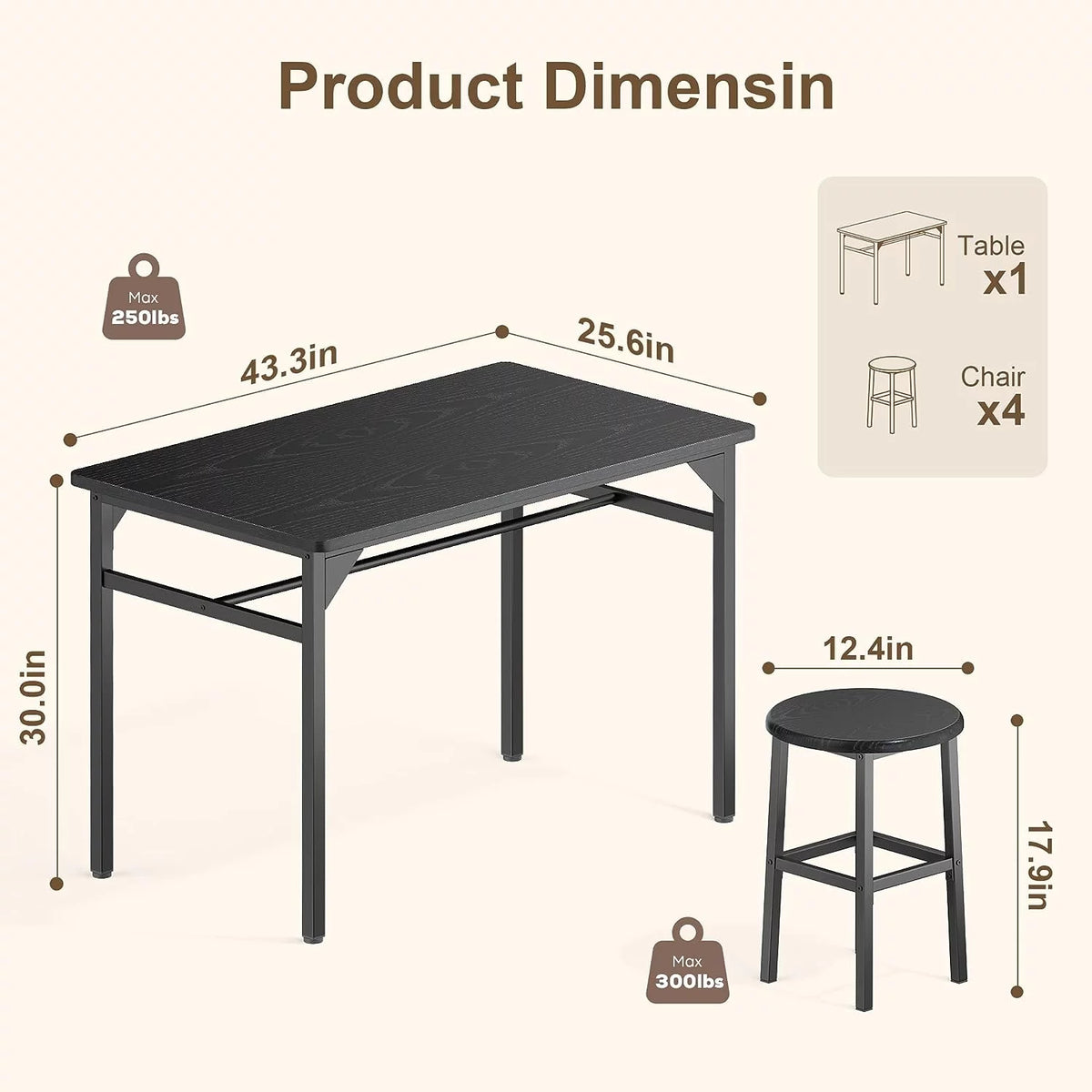 Black Dining Table Set for 4 Y3960
