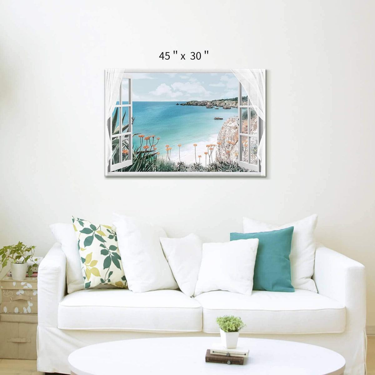 Blue Ocean Beach Window Canvas Art 36'' x 24'' C621