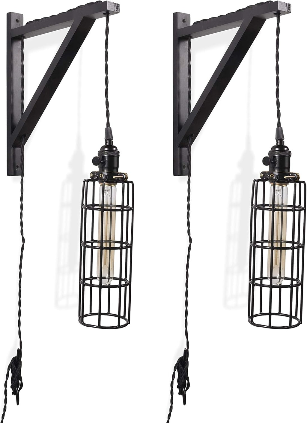 2 Vintage Farmhouse Design Wall Lamp Sconce Set with Wood Wall Bracket V859