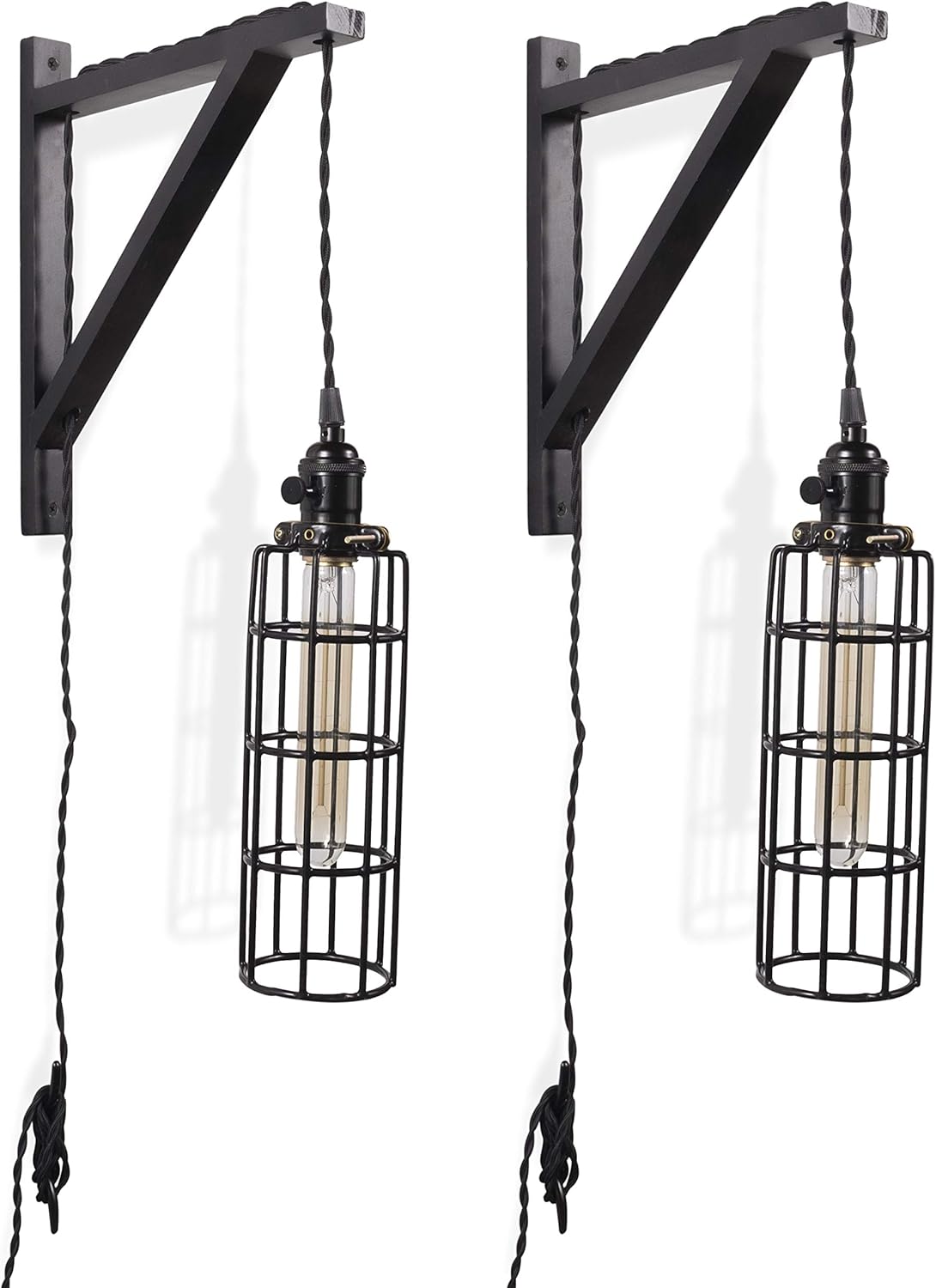 2 Vintage Farmhouse Design Wall Lamp Sconce Set with Wood Wall Bracket V859