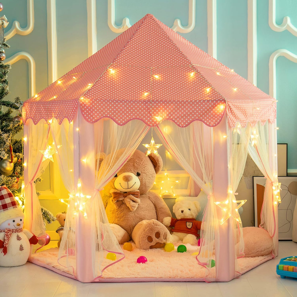 Princess Tent with Star Lights and Ocean Balls, 55 × 53 inches, Pink R4824