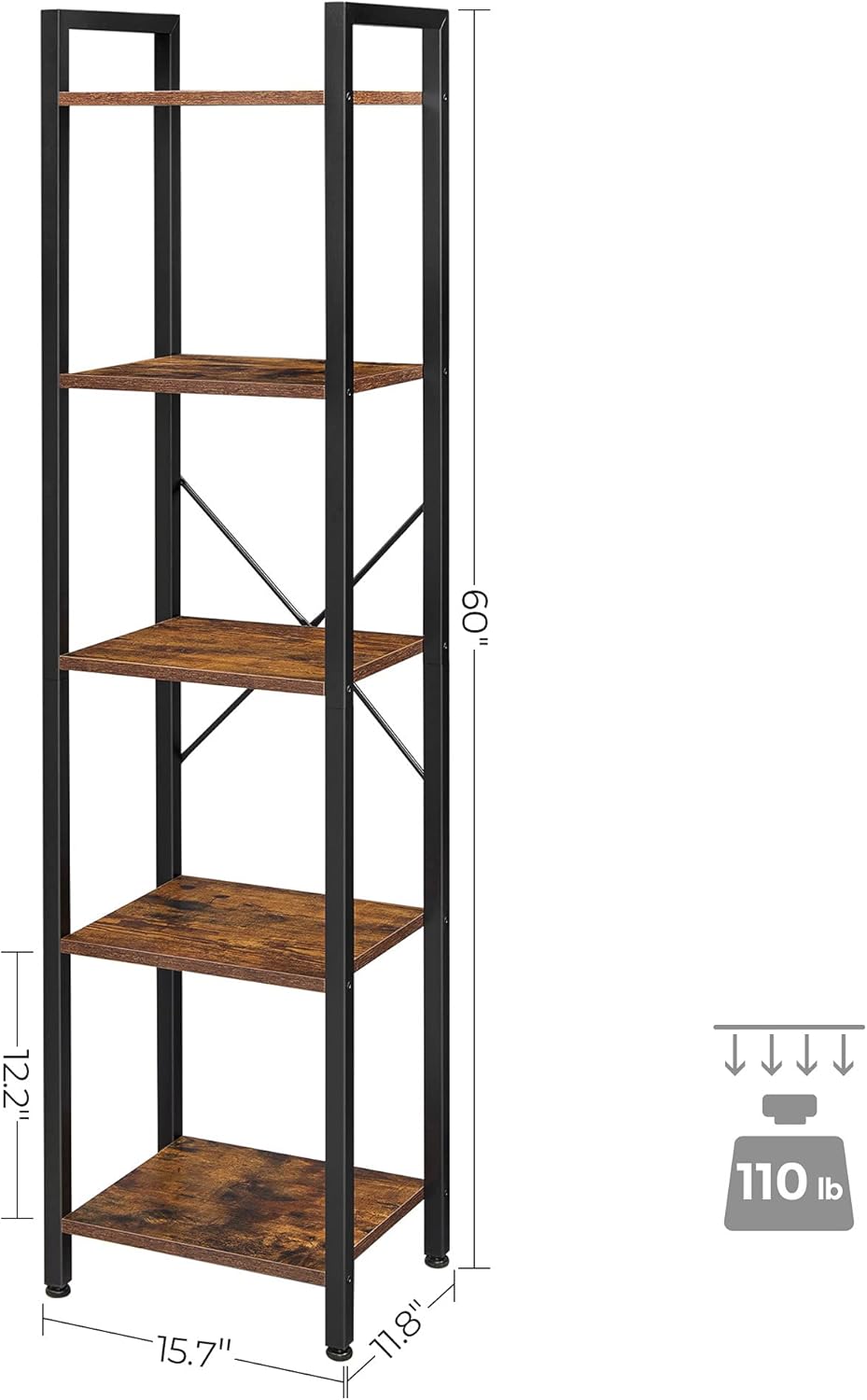 5-Tier Rustic Brown and Black Bookshelf K69609