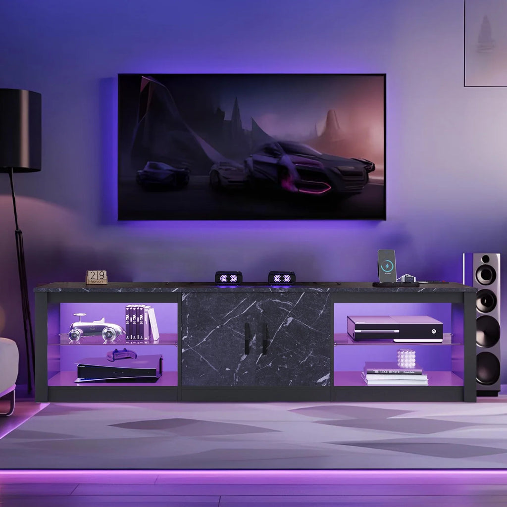 Black Marble TV Stand with LED Lights & Power Outlet T6394