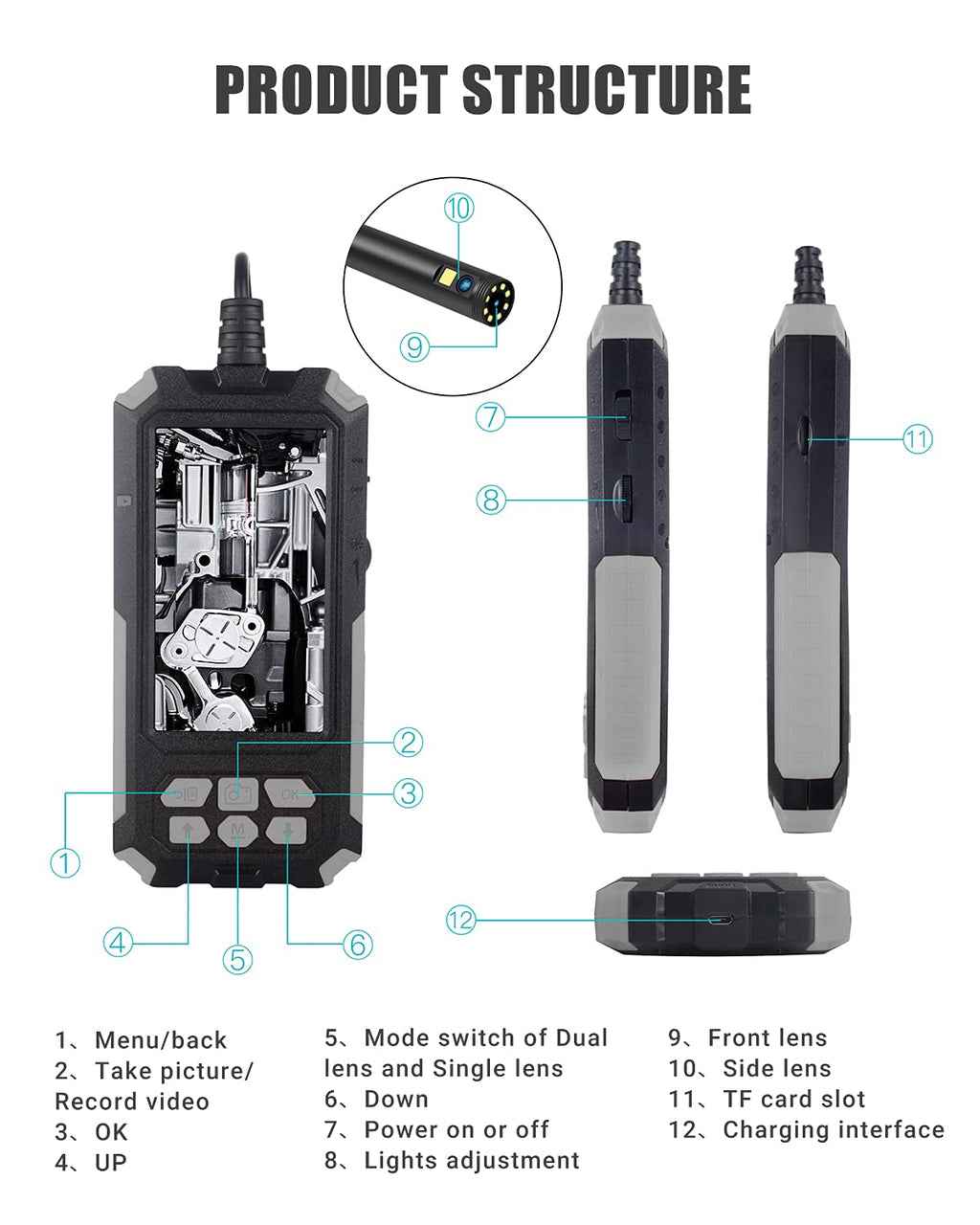 33FT Dual Lens Inspection Endoscope with 4.5 IPS Screen and 8 LED Lights H82026