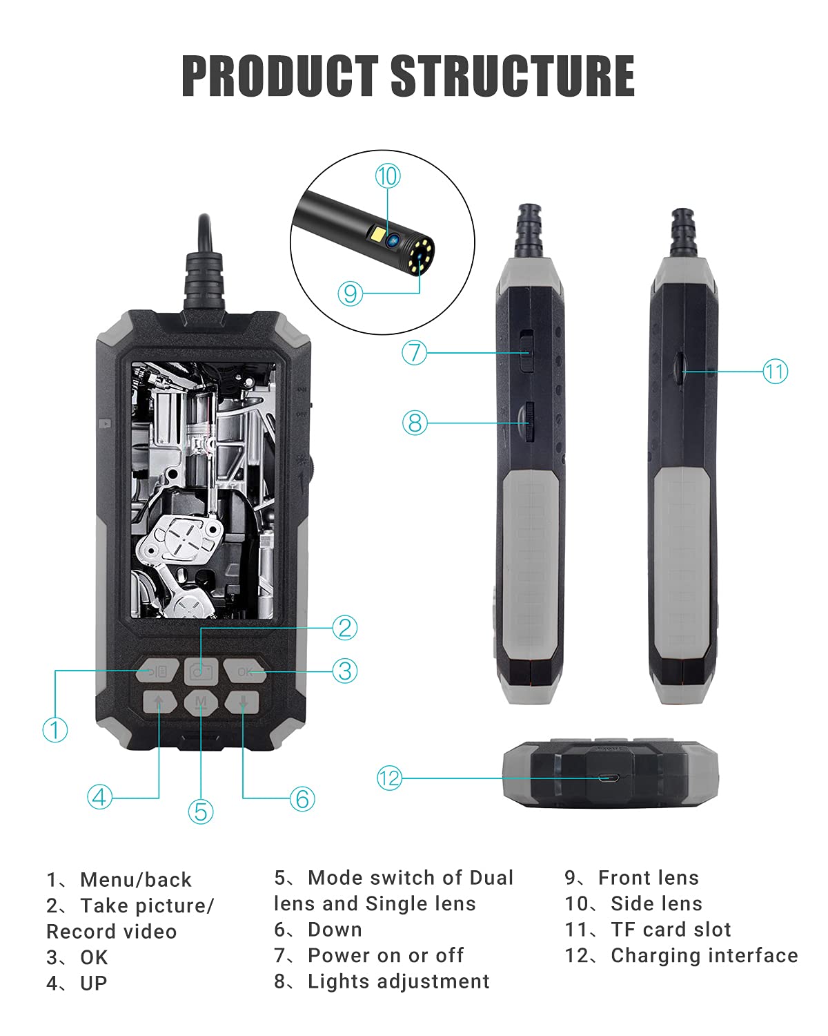 33FT Dual Lens Inspection Endoscope with 4.5 IPS Screen and 8 LED Lights H82026