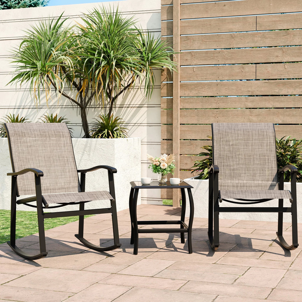 3 Piece Rocking Bistro Set with Glass Coffee Table Light Gray K4843