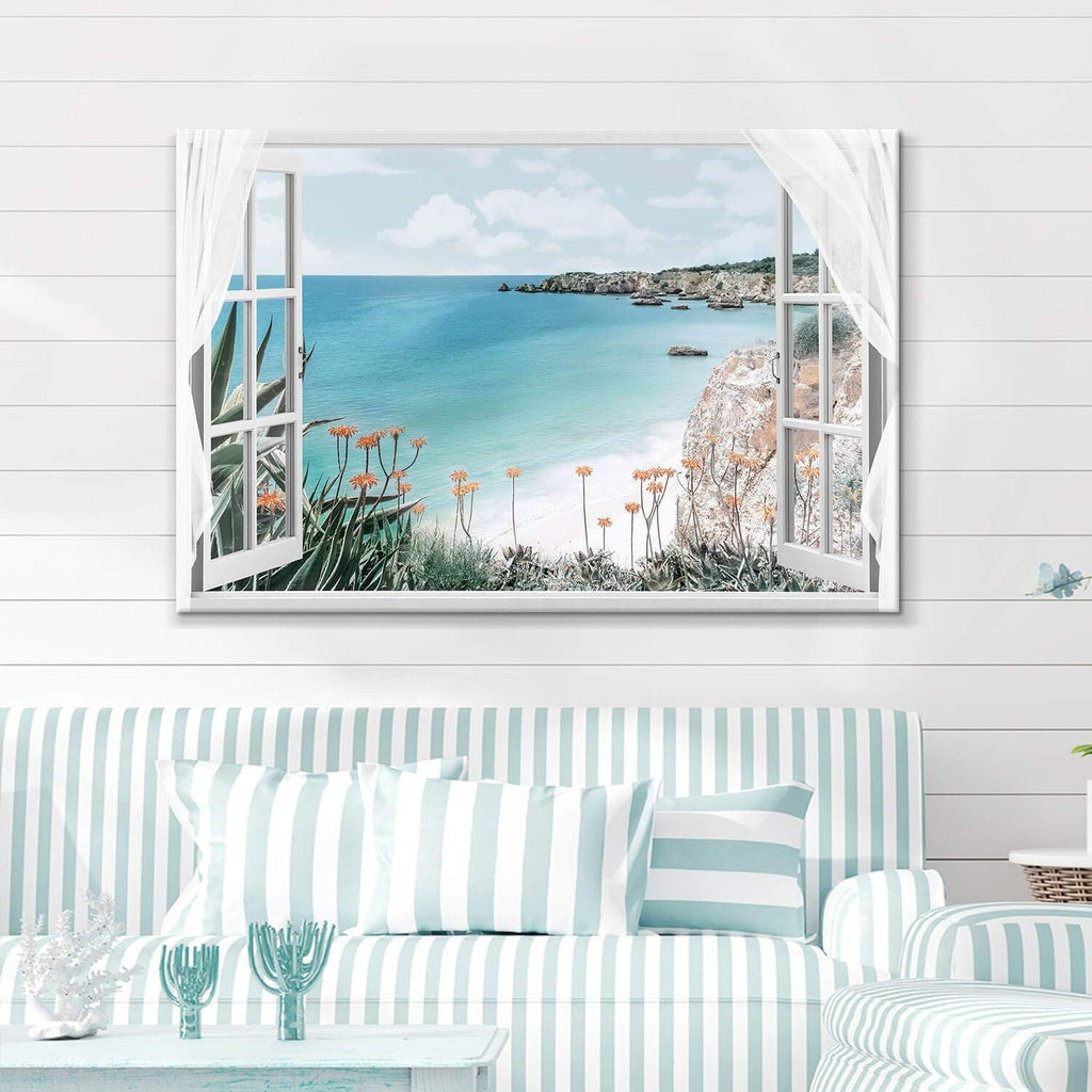 Blue Ocean Beach Window Canvas Art 36'' x 24'' C621