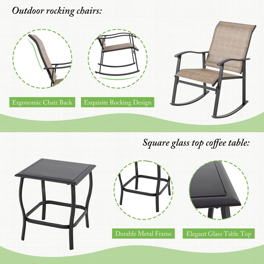 3 Piece Rocking Bistro Set with Glass Coffee Table Light Gray K4843
