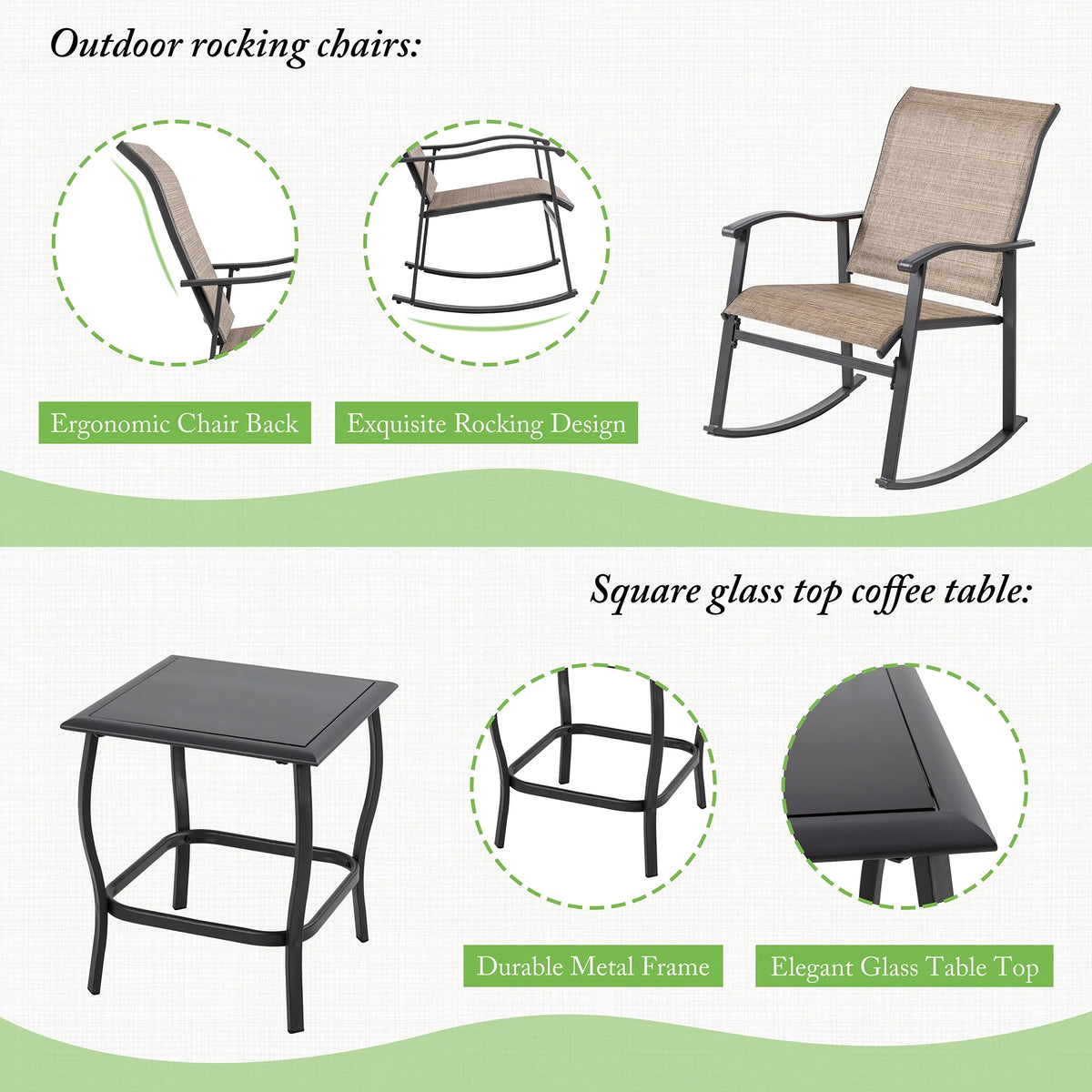 3 Piece Rocking Bistro Set with Glass Coffee Table Light Gray K4843