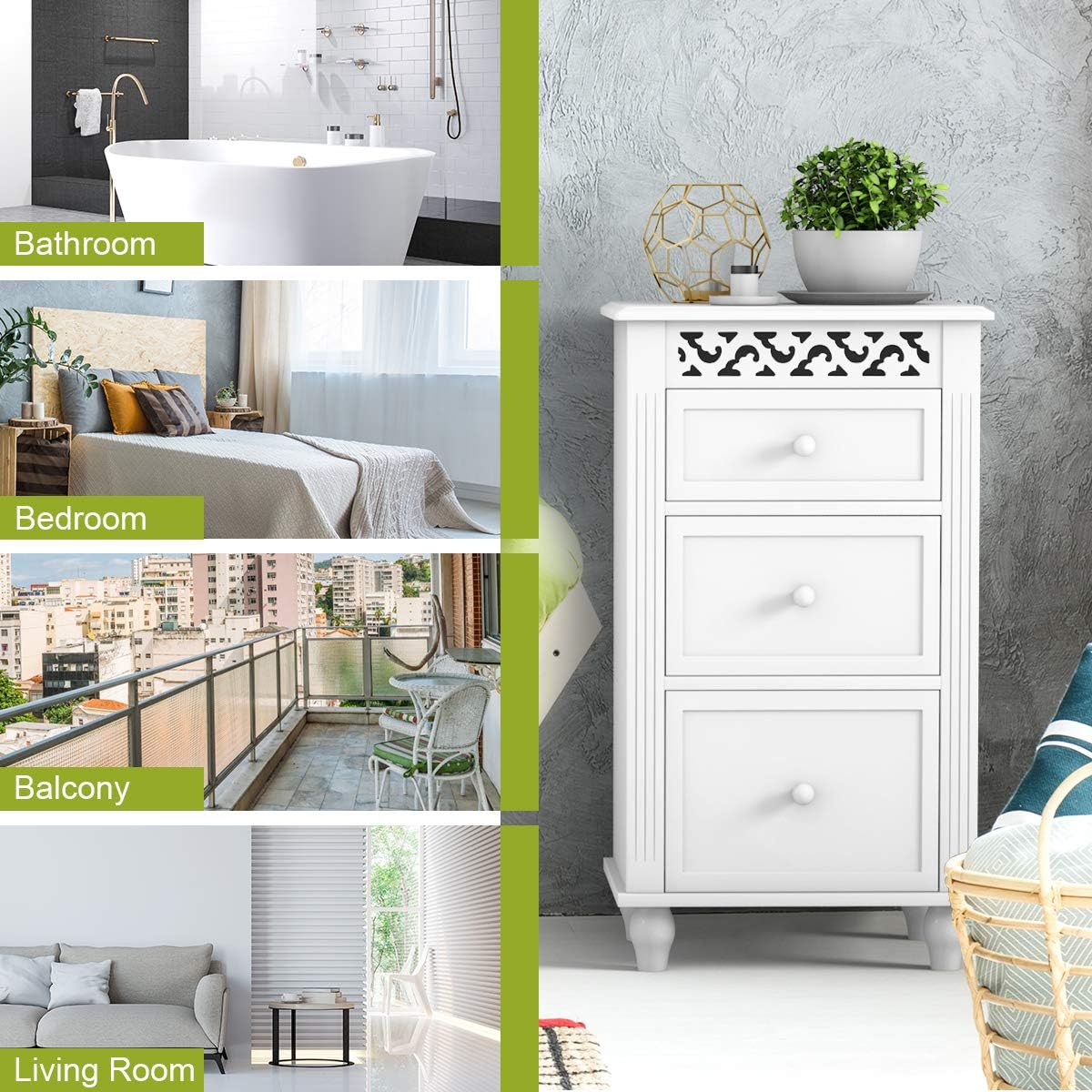 White 3 Drawer Wood Storage Cabinet F74789
