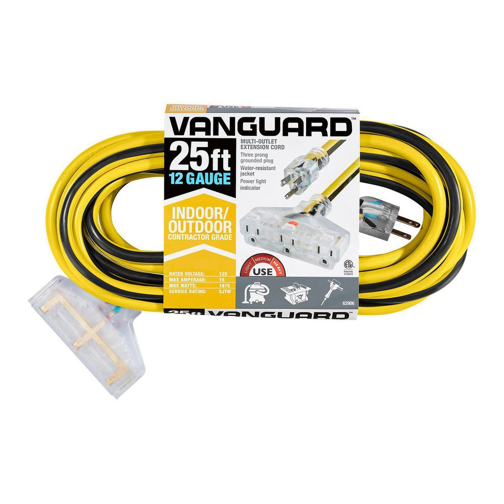 25 ft. 12/3 Gauge Multiple Outlet Extension Cord with Indicator Light, Yellow, Black V4443