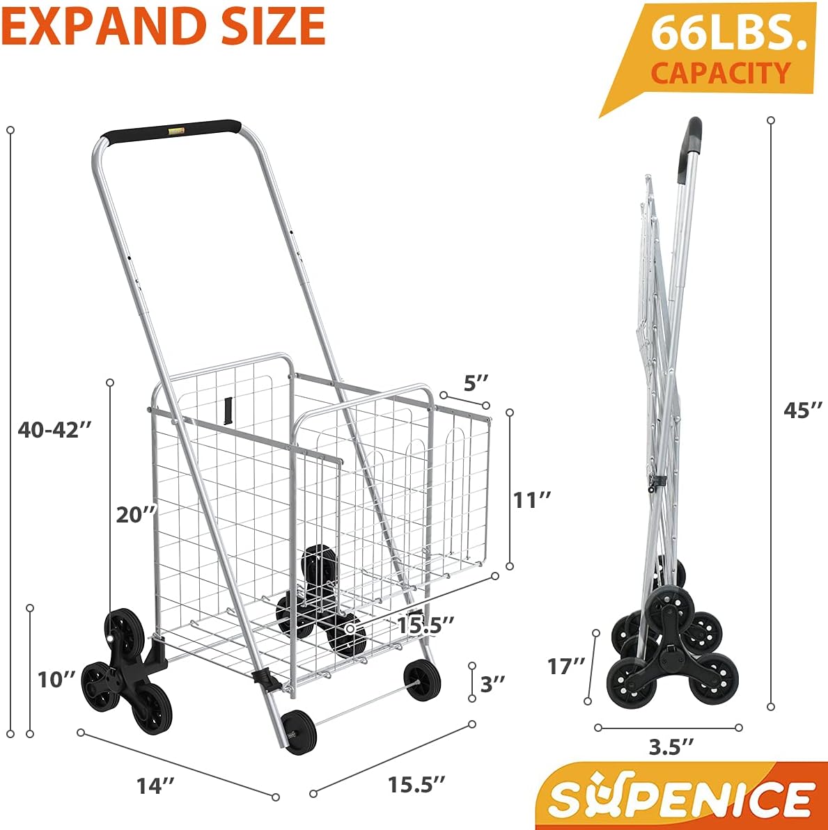 Grocery Shopping Cart with Wheels, 66 LBS Capacity, Collapsible A368