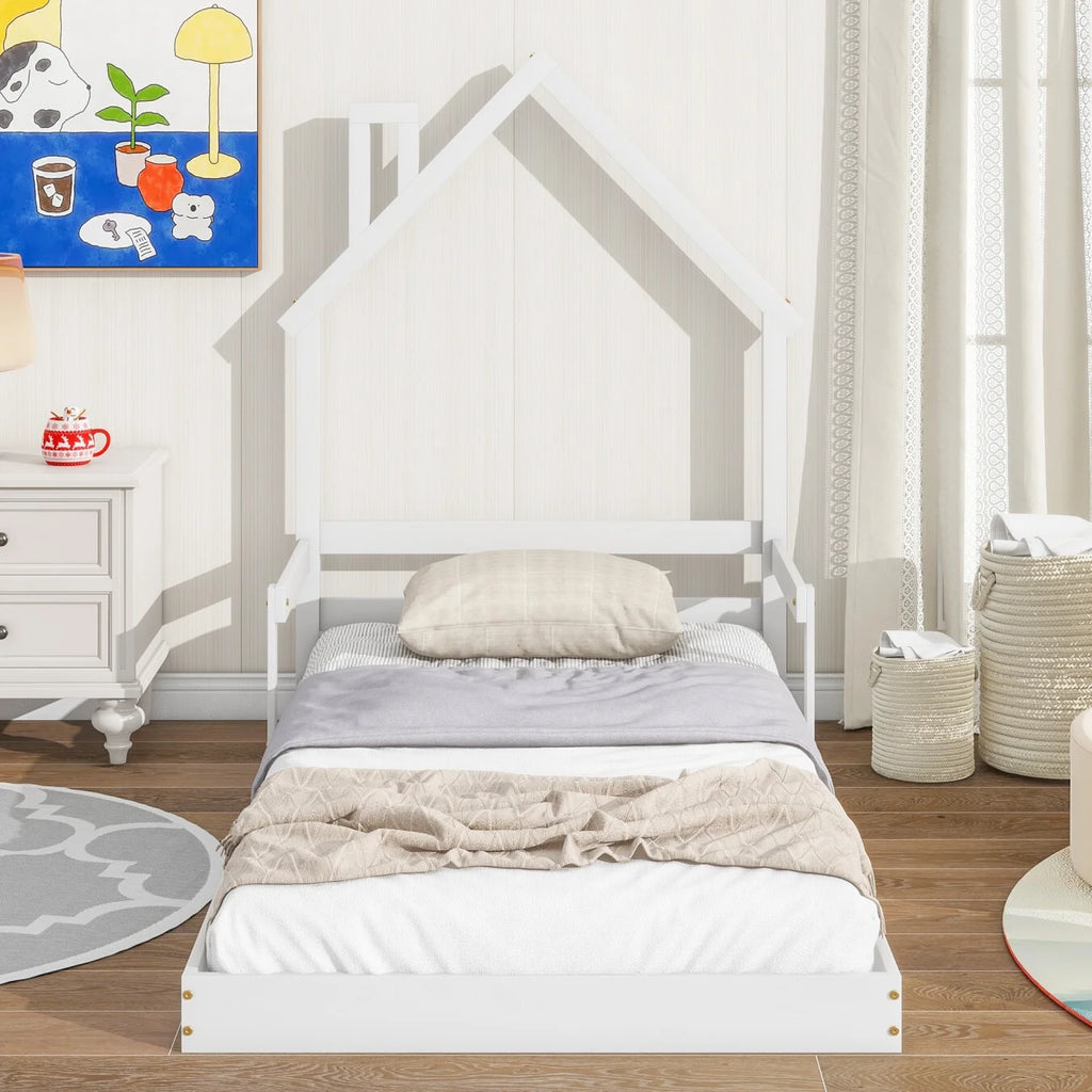 Twin Grey Wood Floor Bed Frame with Roof R4577