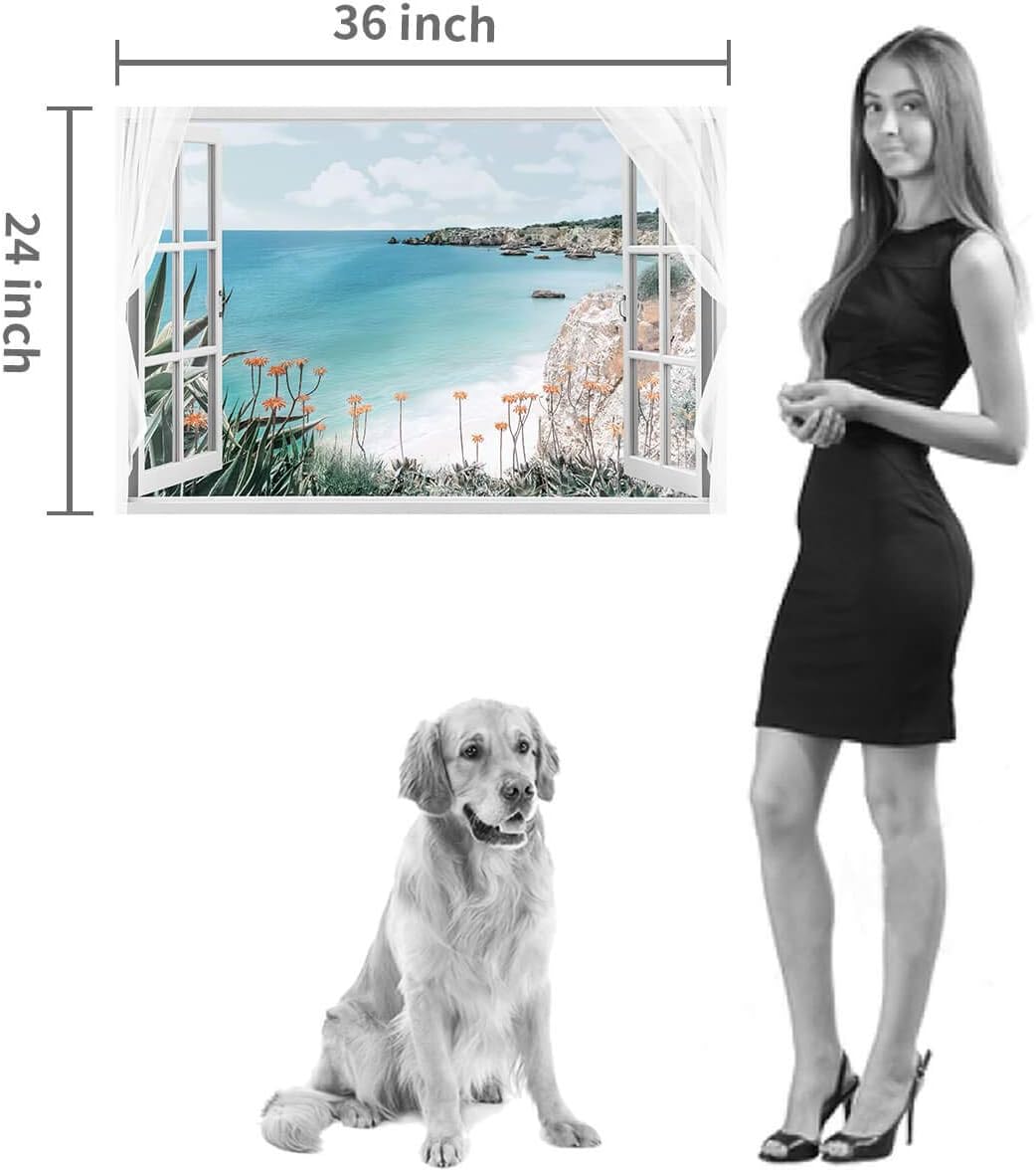 Blue Ocean Beach Window Canvas Art 36'' x 24'' C621