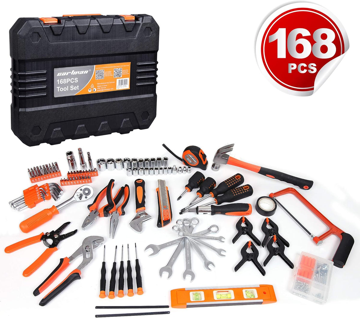 168 Pcs Orange General Household Hand Tool Kit with Storage Case Q76896