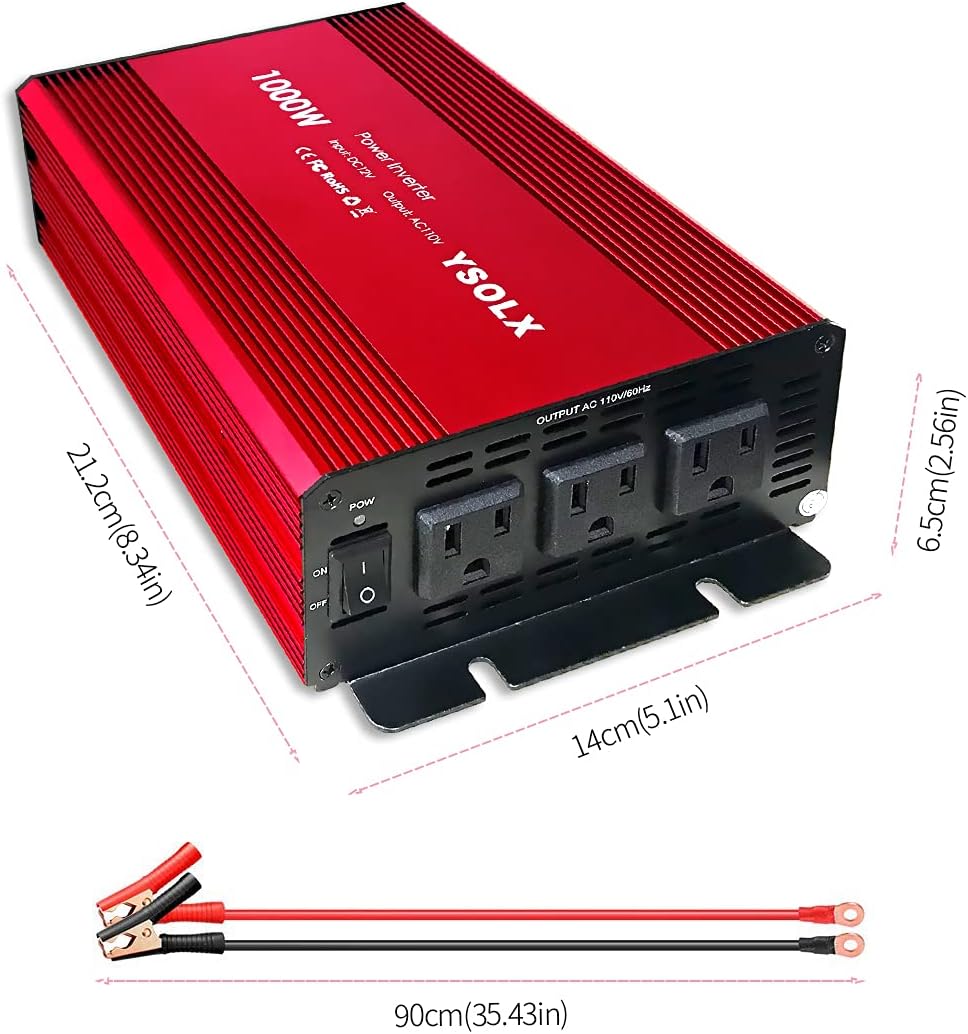1000 Watt 12V to 110V Power Inverter with 3 AC Outlets R1782