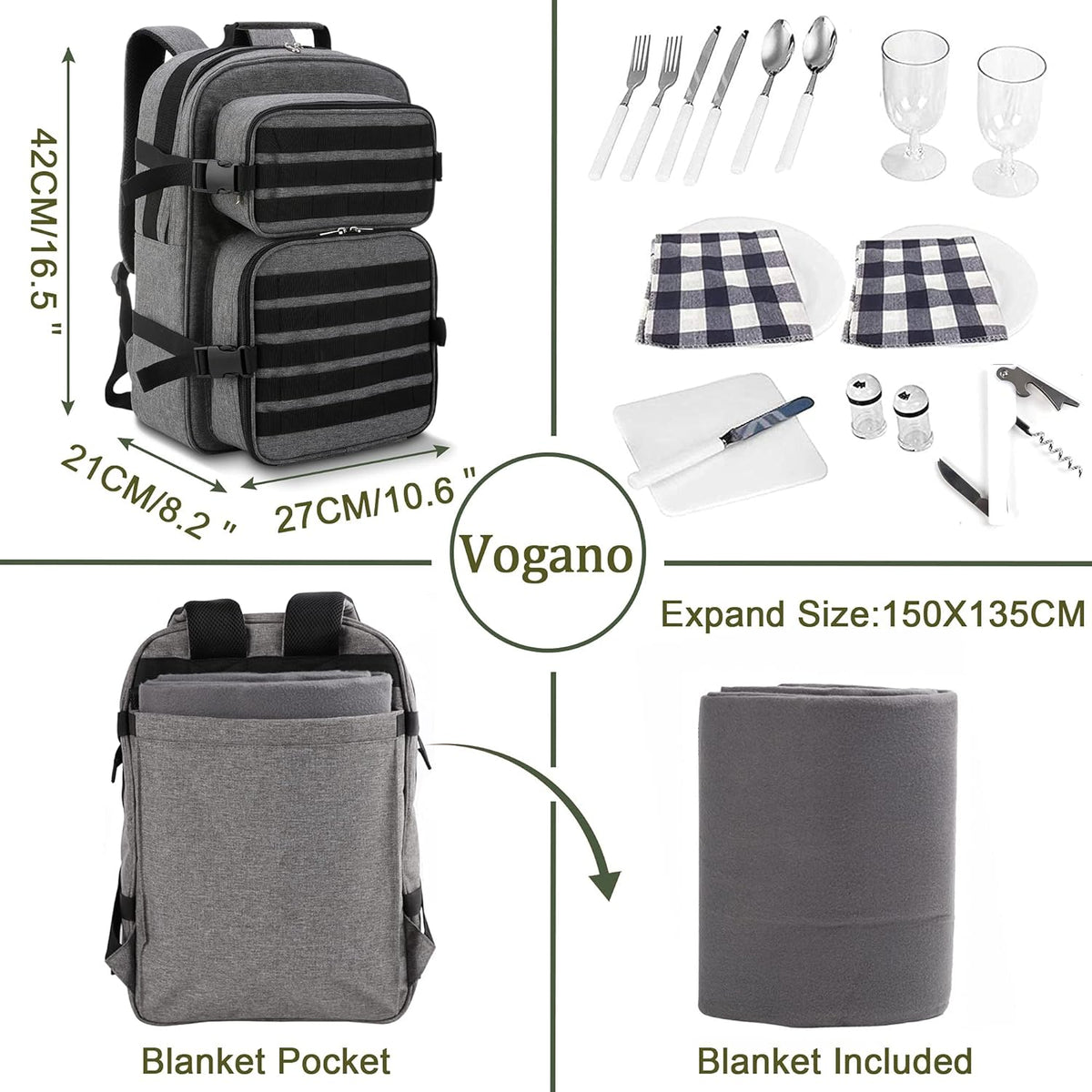 Picnic Backpack Cooler Bag for 2 Person Set with Insulated Compartment, Fleece Blanket, Cutlery Set I1773