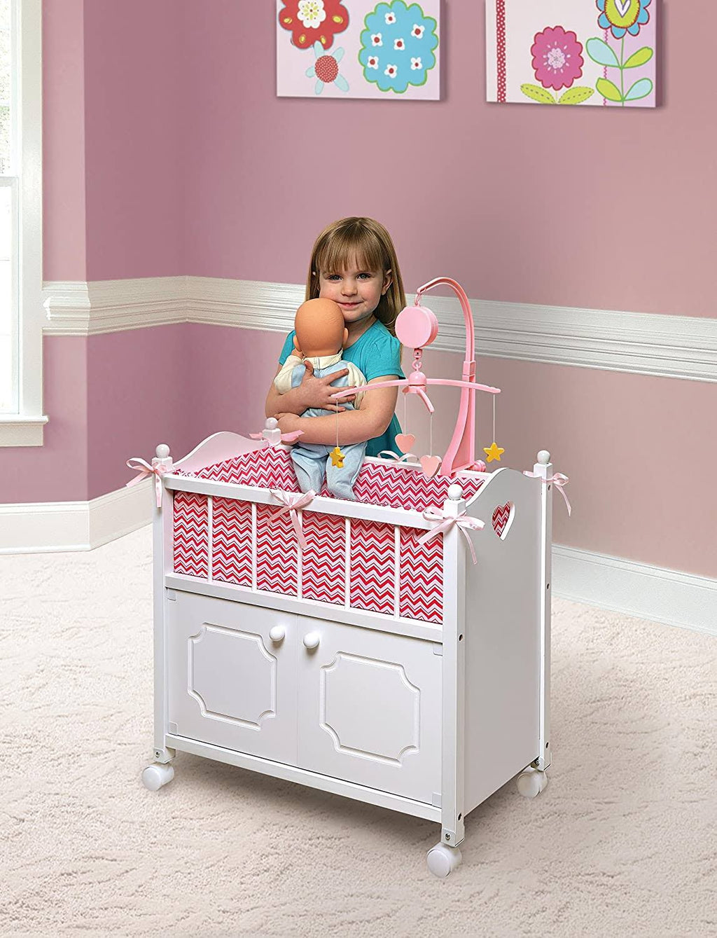 White Pink Doll Crib with Bedding and Mobile U845
