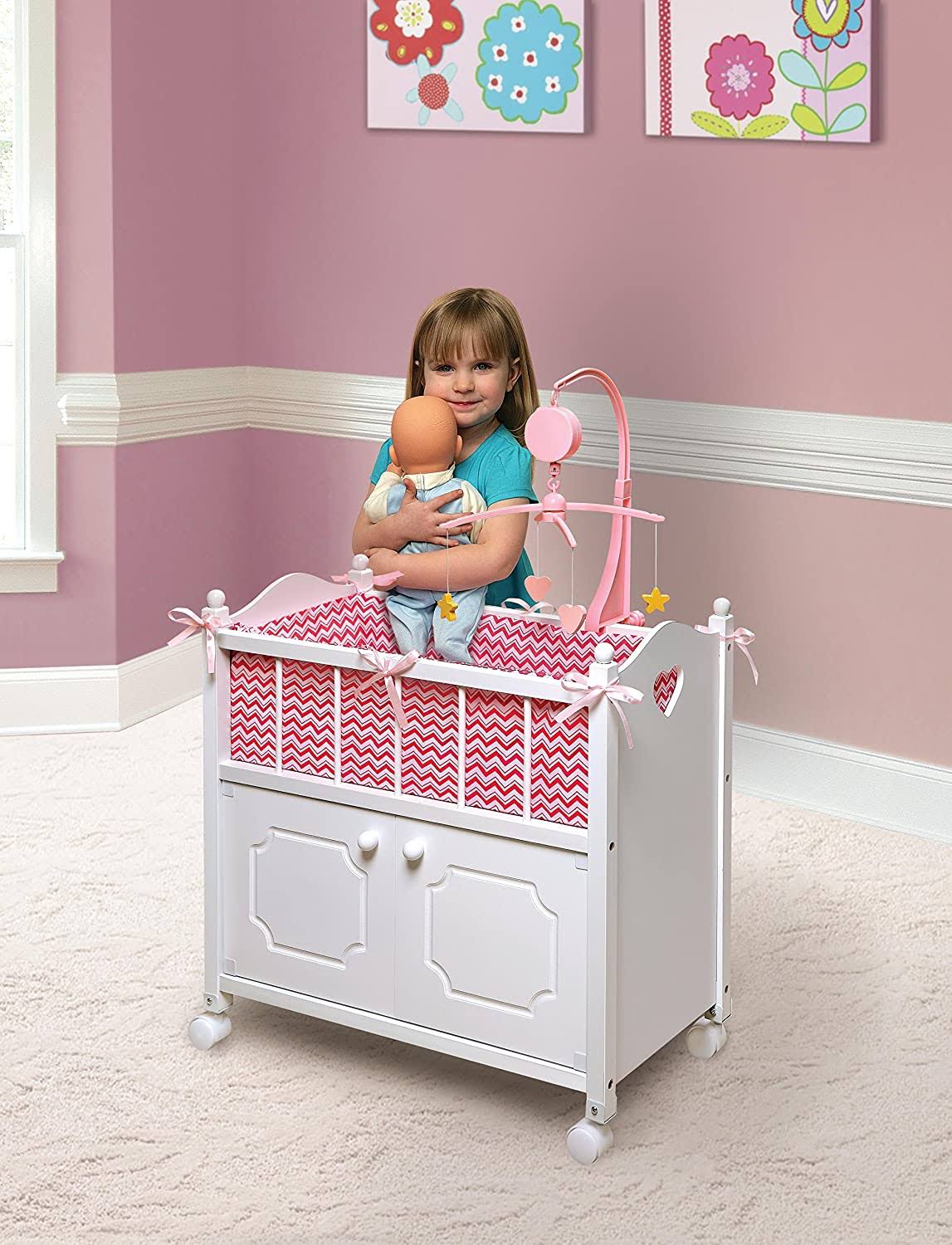 White Pink Doll Crib with Bedding and Mobile U845