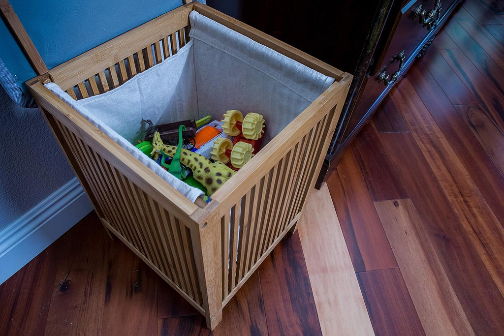 Bamboo Laundry Storage Basket Ottoman 21 Inch Tall Brown and White H478