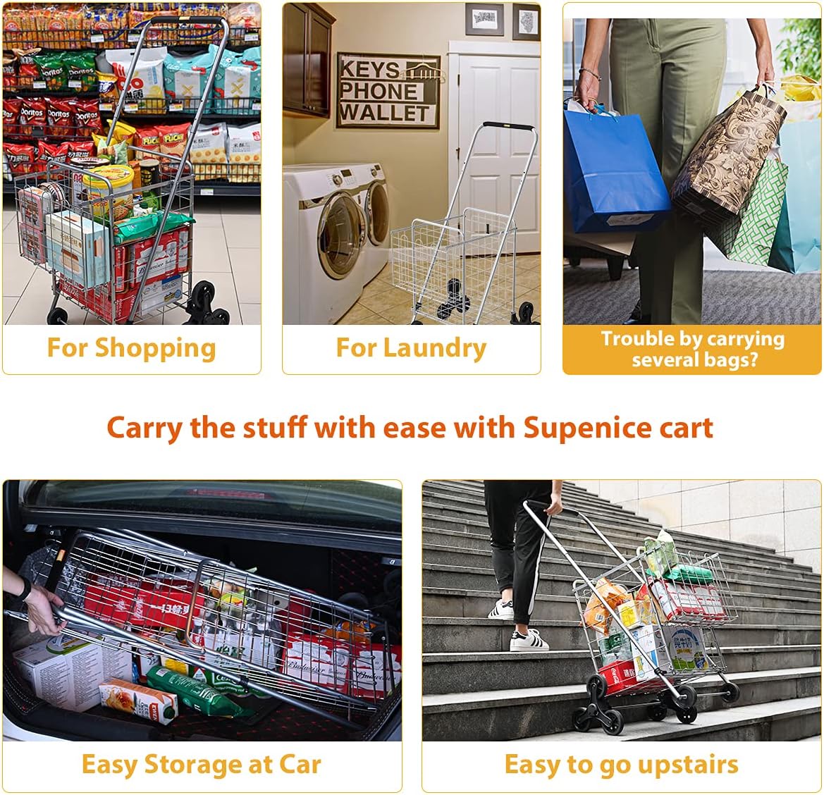 Grocery Shopping Cart with Wheels, 66 LBS Capacity, Collapsible A368