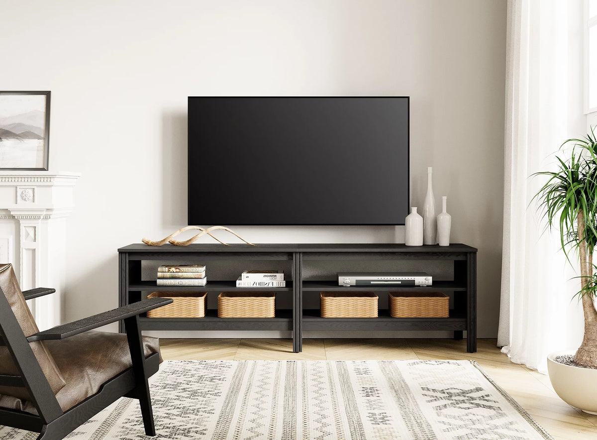Black Wood TV Stand with 4 Open Shelves Q29634