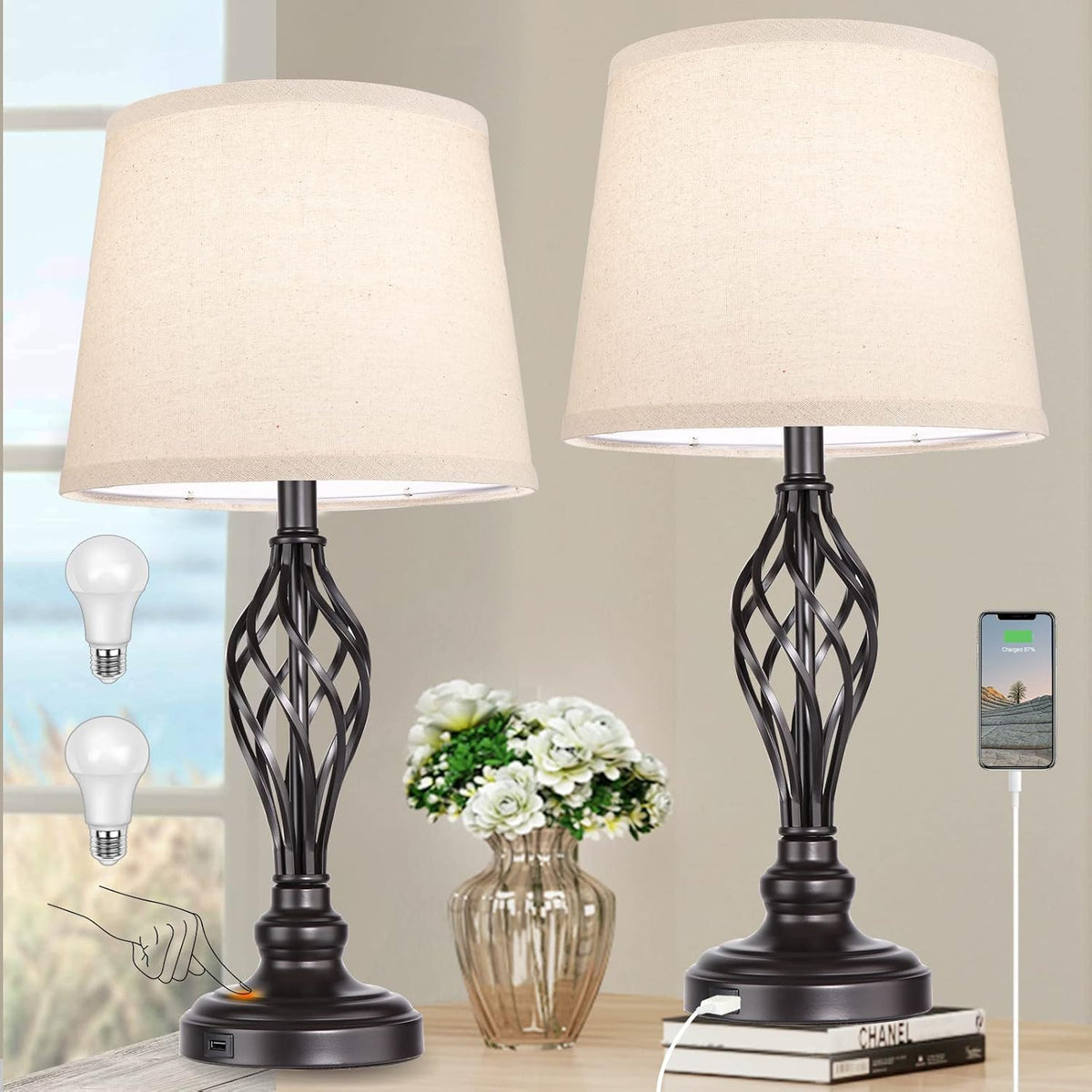 Touch Control Table Lamp Set of 2, 3-Way Dimmable with USB Port, Daylight White 5000K J50716
