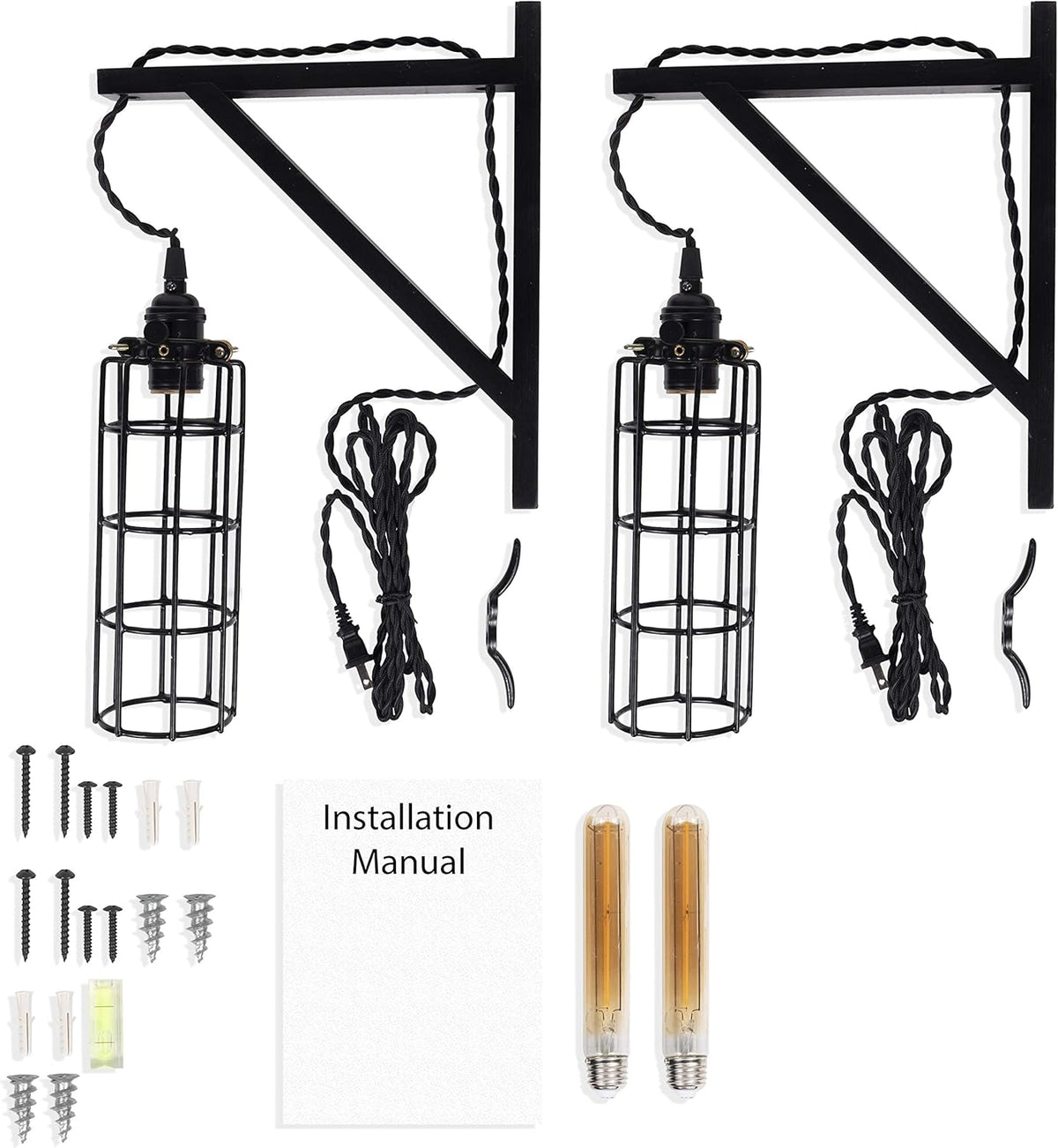 2 Vintage Farmhouse Design Wall Lamp Sconce Set with Wood Wall Bracket V859