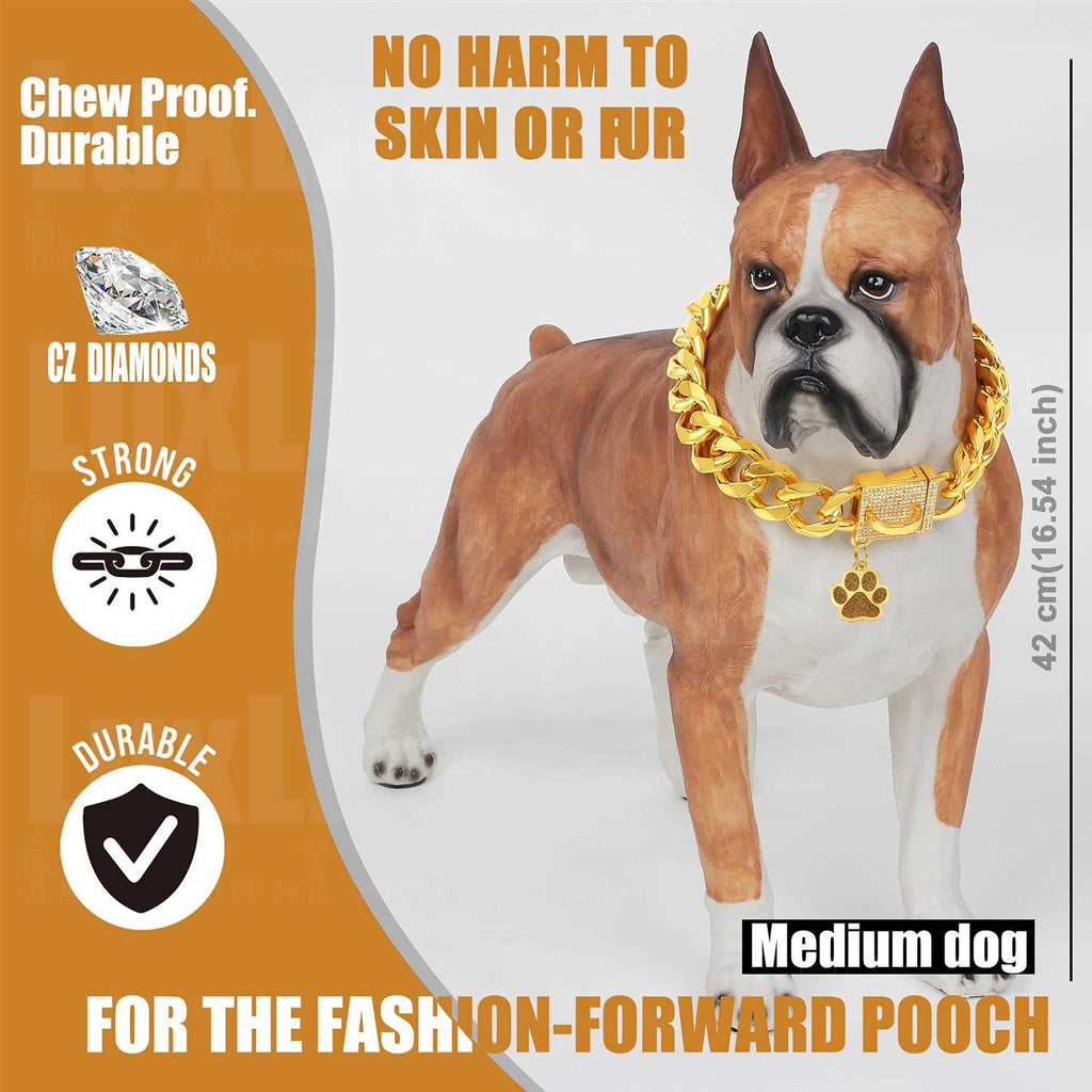 Dog Chain Collar Gold with CZ Buckle 19mm Cuban Link Metal H325