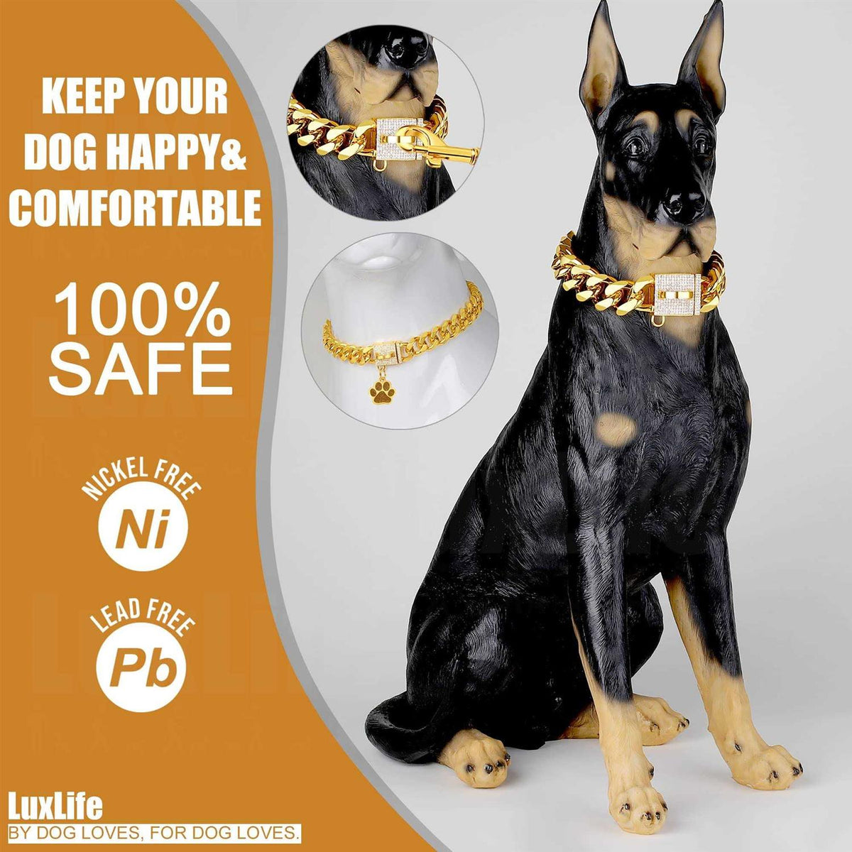 Dog Chain Collar Gold with CZ Buckle 19mm Cuban Link Metal H325