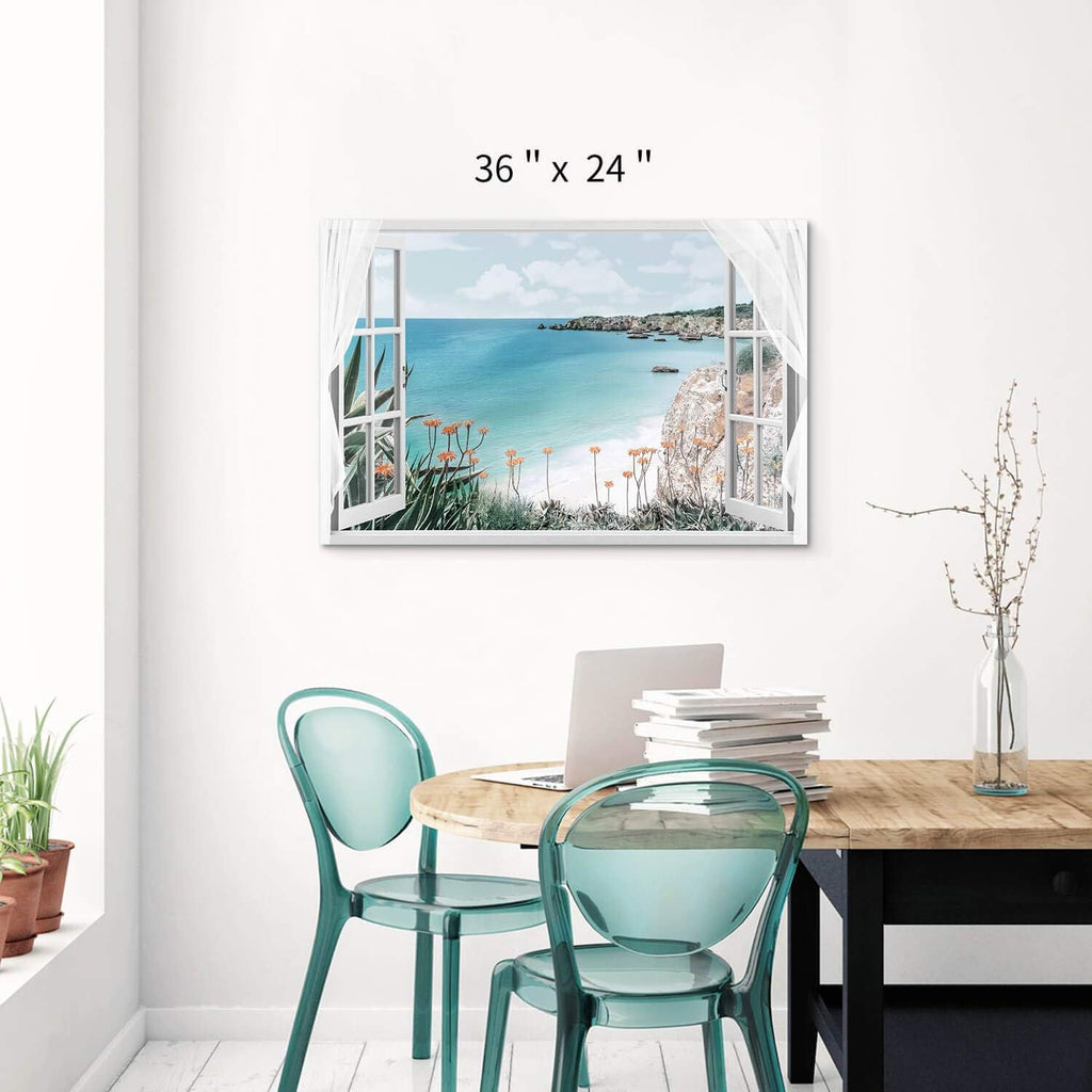 Blue Ocean Beach Window Canvas Art 36'' x 24'' C621