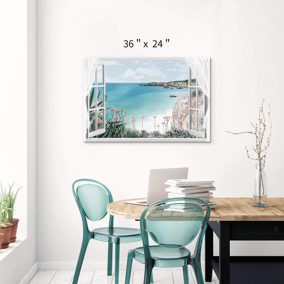 Blue Ocean Beach Window Canvas Art 36'' x 24'' C621