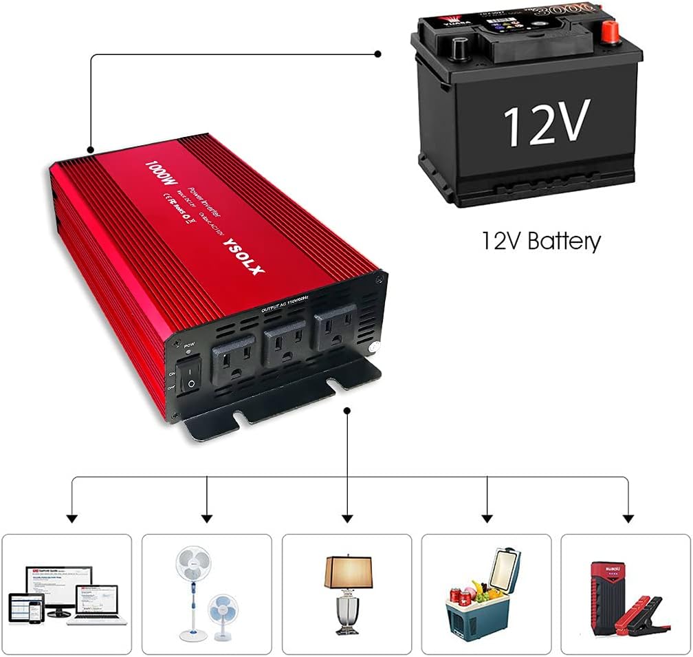 1000 Watt 12V to 110V Power Inverter with 3 AC Outlets R1782