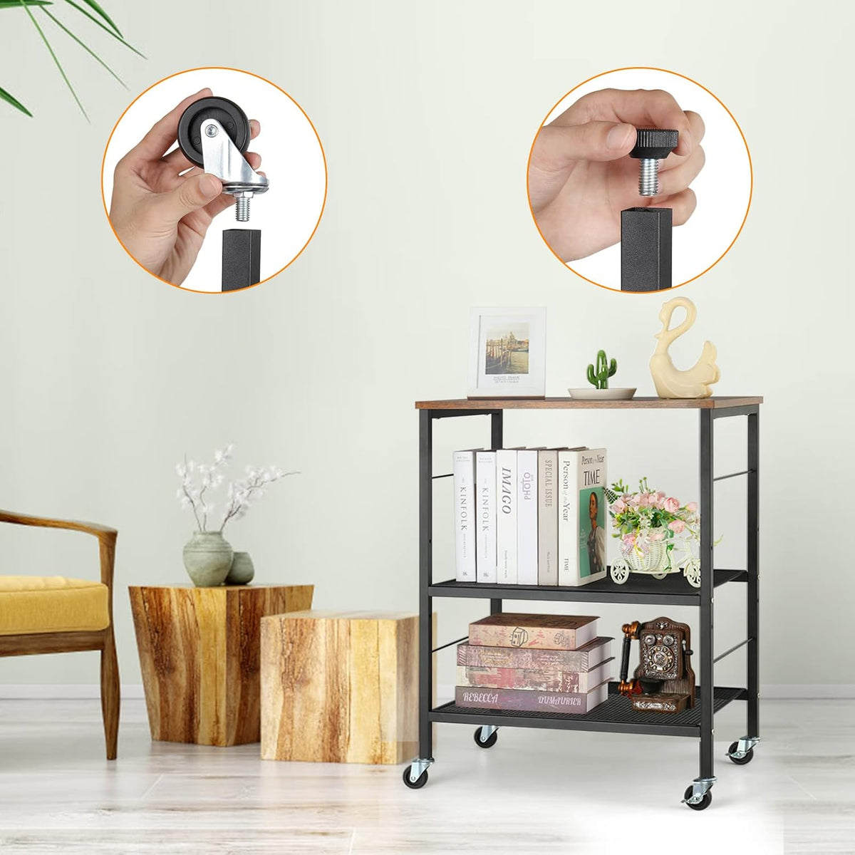 Kitchen Island on Wheels with Storage 3 Tier Microwave Oven Stand Rolling Utility Cart with 10 Hooks K831