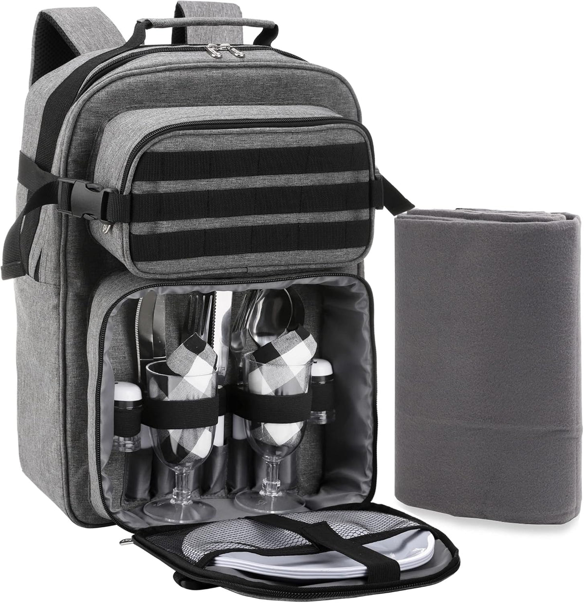 Picnic Backpack Cooler Bag for 2 Person Set with Insulated Compartment, Fleece Blanket, Cutlery Set I1773