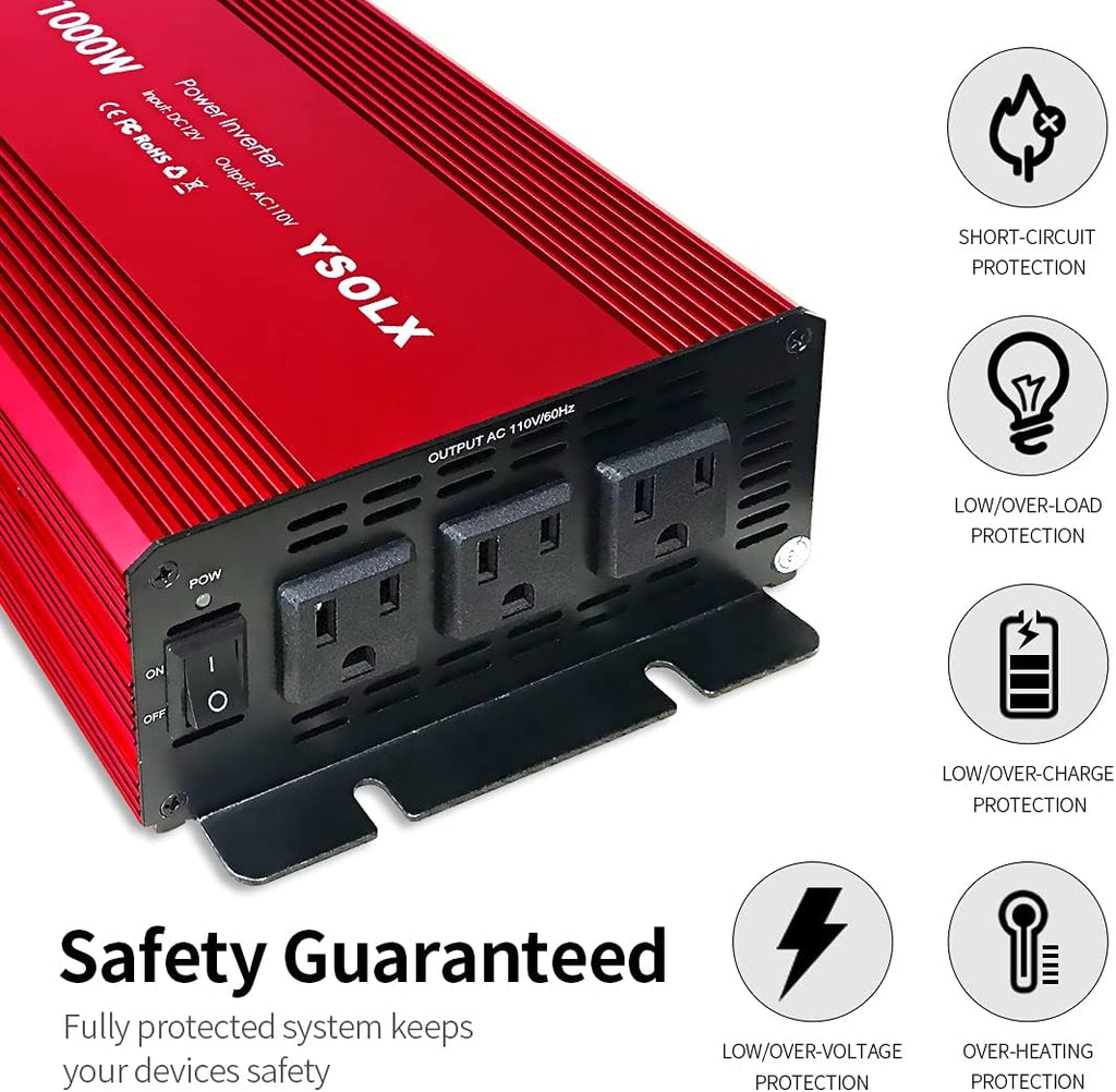 1000 Watt 12V to 110V Power Inverter with 3 AC Outlets R1782