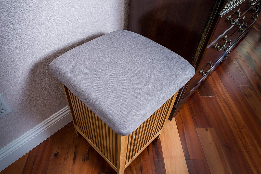 Bamboo Laundry Storage Basket Ottoman 21 Inch Tall Brown and White H478