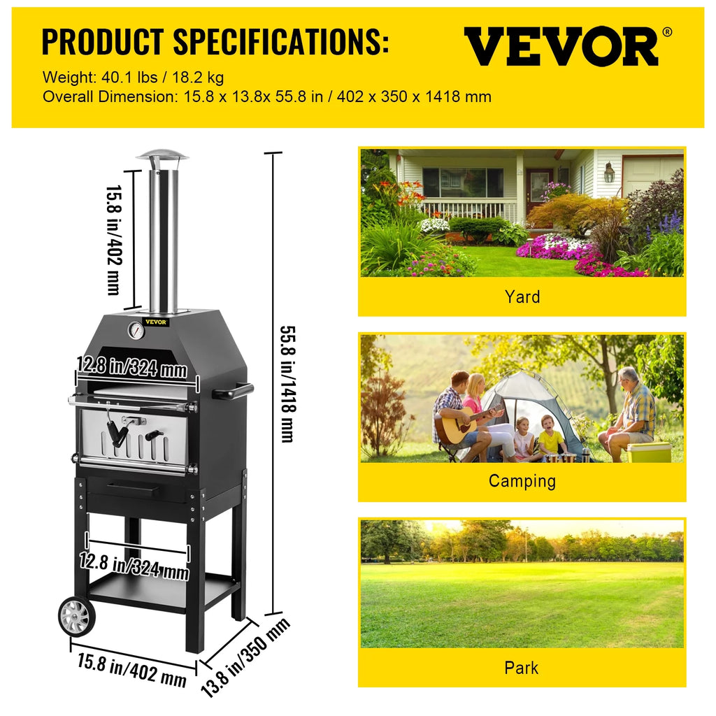 12 Wood Fire Outdoor Pizza Oven with 2 Removable Wheels F350957