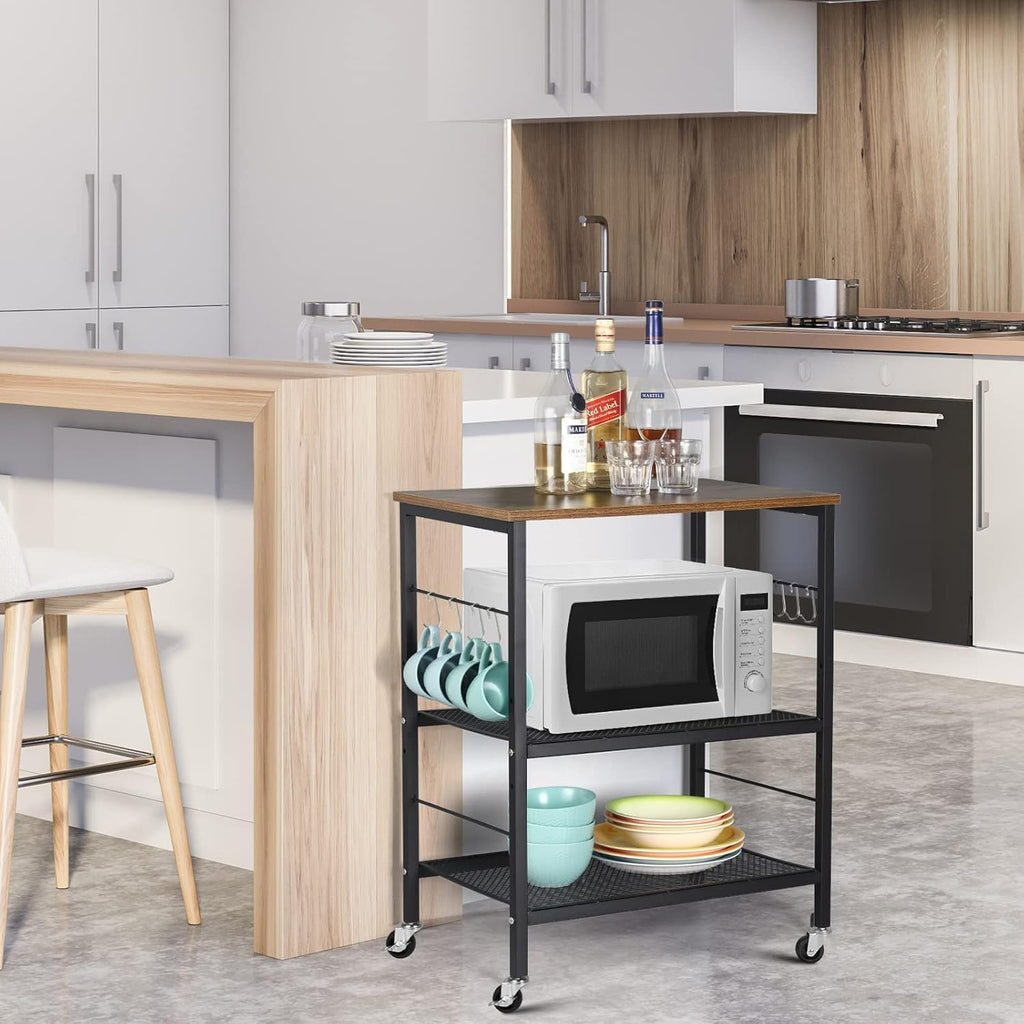 Kitchen Island on Wheels with Storage 3 Tier Microwave Oven Stand Rolling Utility Cart with 10 Hooks K831