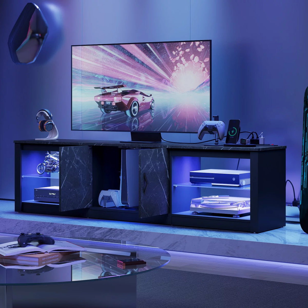 Black Marble TV Stand with LED Lights & Power Outlet T6394