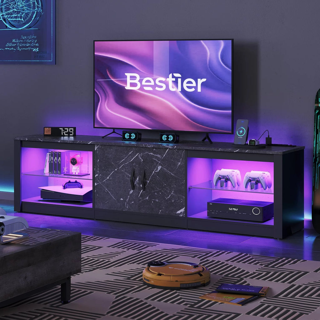 Black Marble TV Stand with LED Lights & Power Outlet T6394