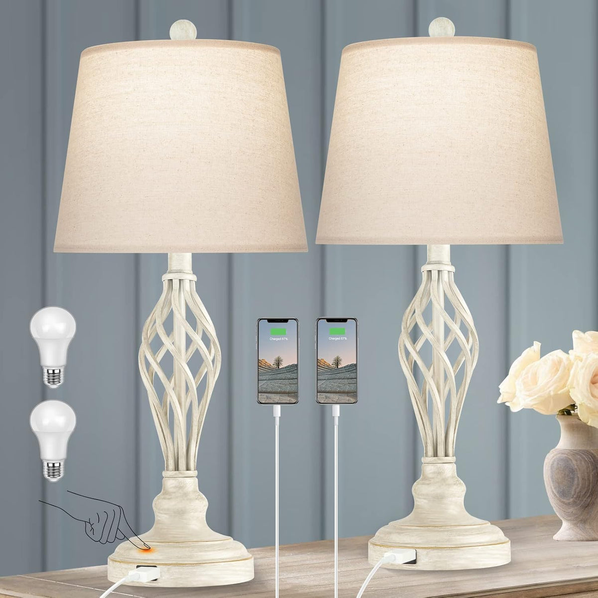 Touch Control Table Lamp Set of 2, 3-Way Dimmable with USB Port, Daylight White 5000K J50716