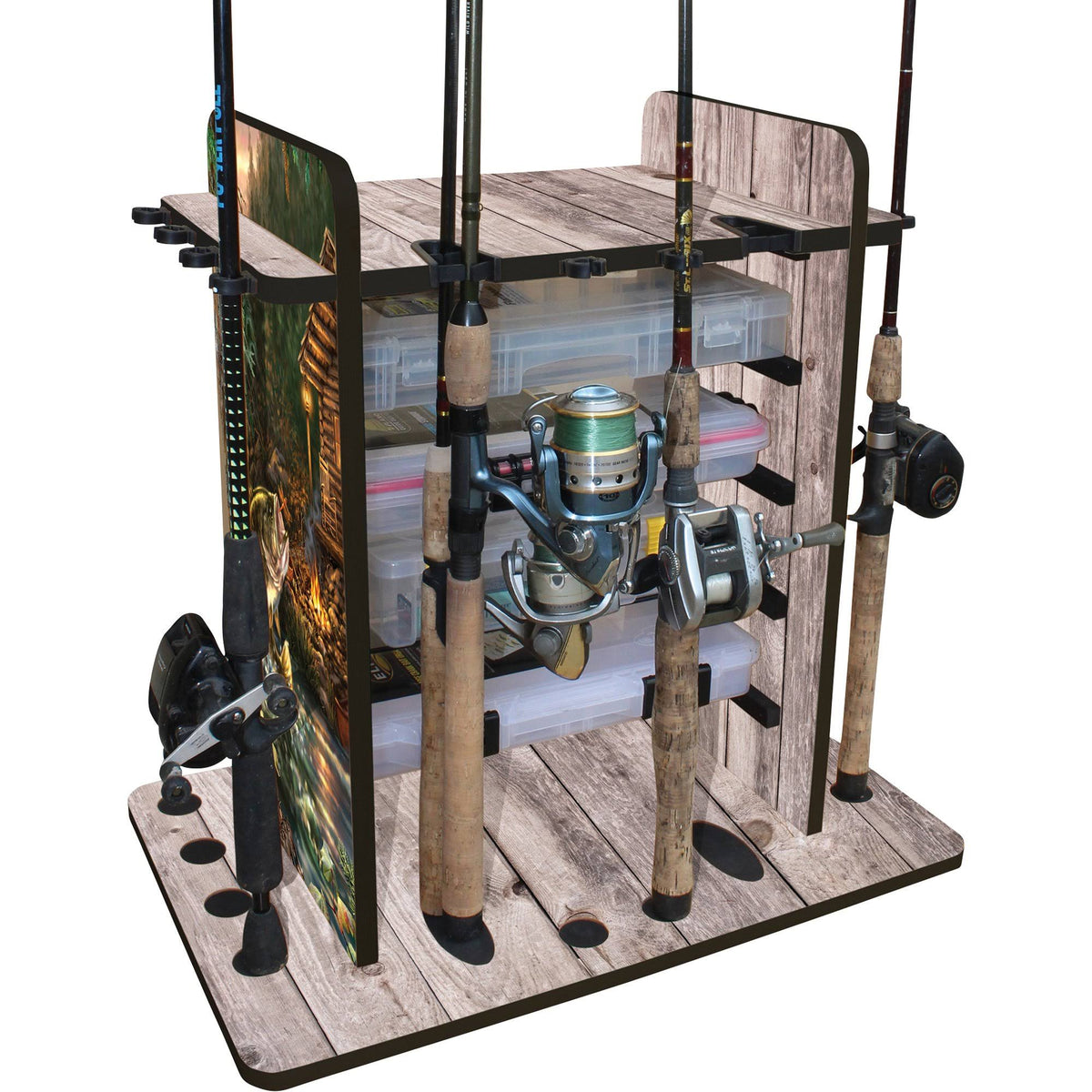 Fishing Rod Rack with 4 Bait Bin Storage T13159