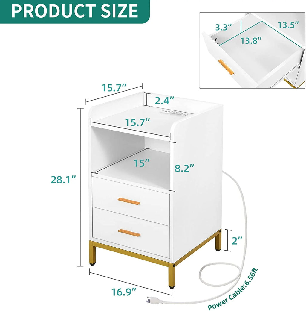 White Night Stand with 2 Drawers and Charging Station P1958