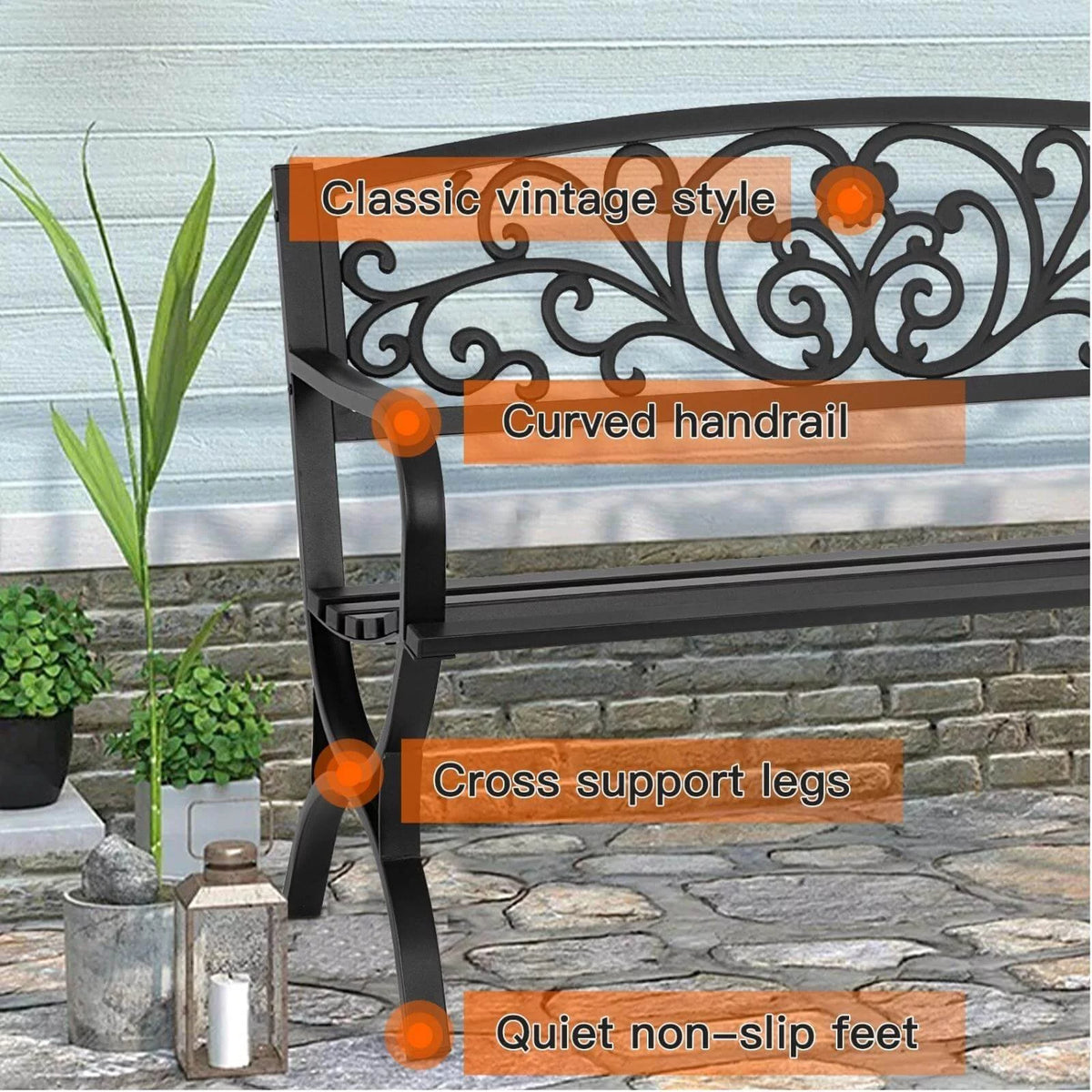 50-in Black Metal Garden Bench with Armrests H963